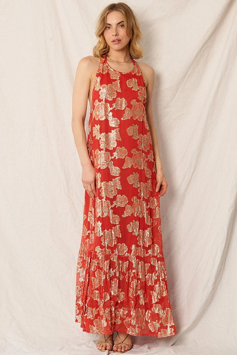 Halter Neck Maxi Dress With Lurex Gold Flowers 1.jpg