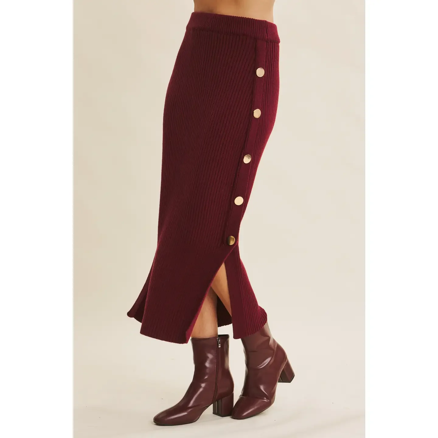 The Bordeaux Button Skirt - Burgundy