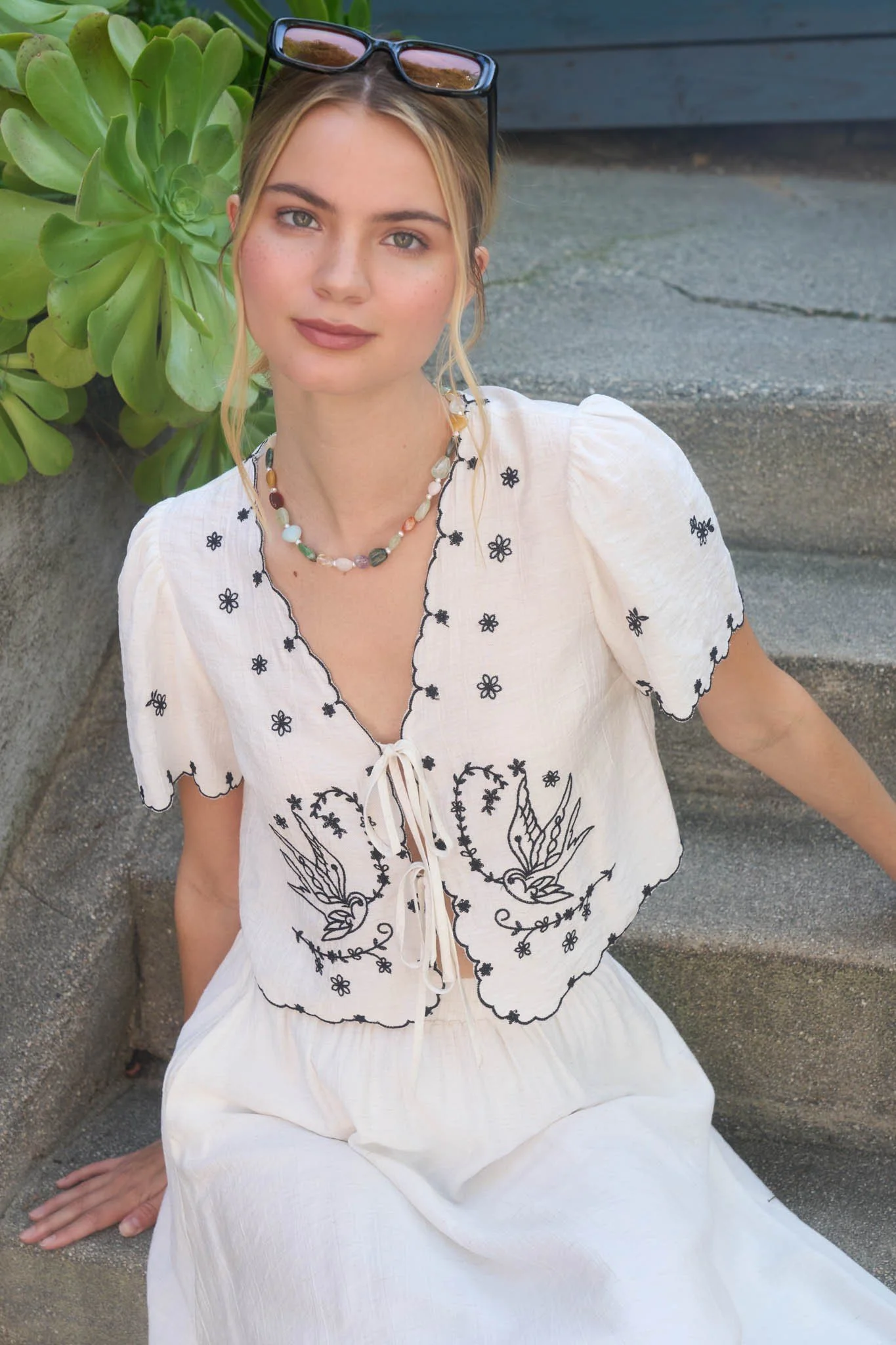 Bird Embroidery Short Sleeve Front Tie Top 1.jpg