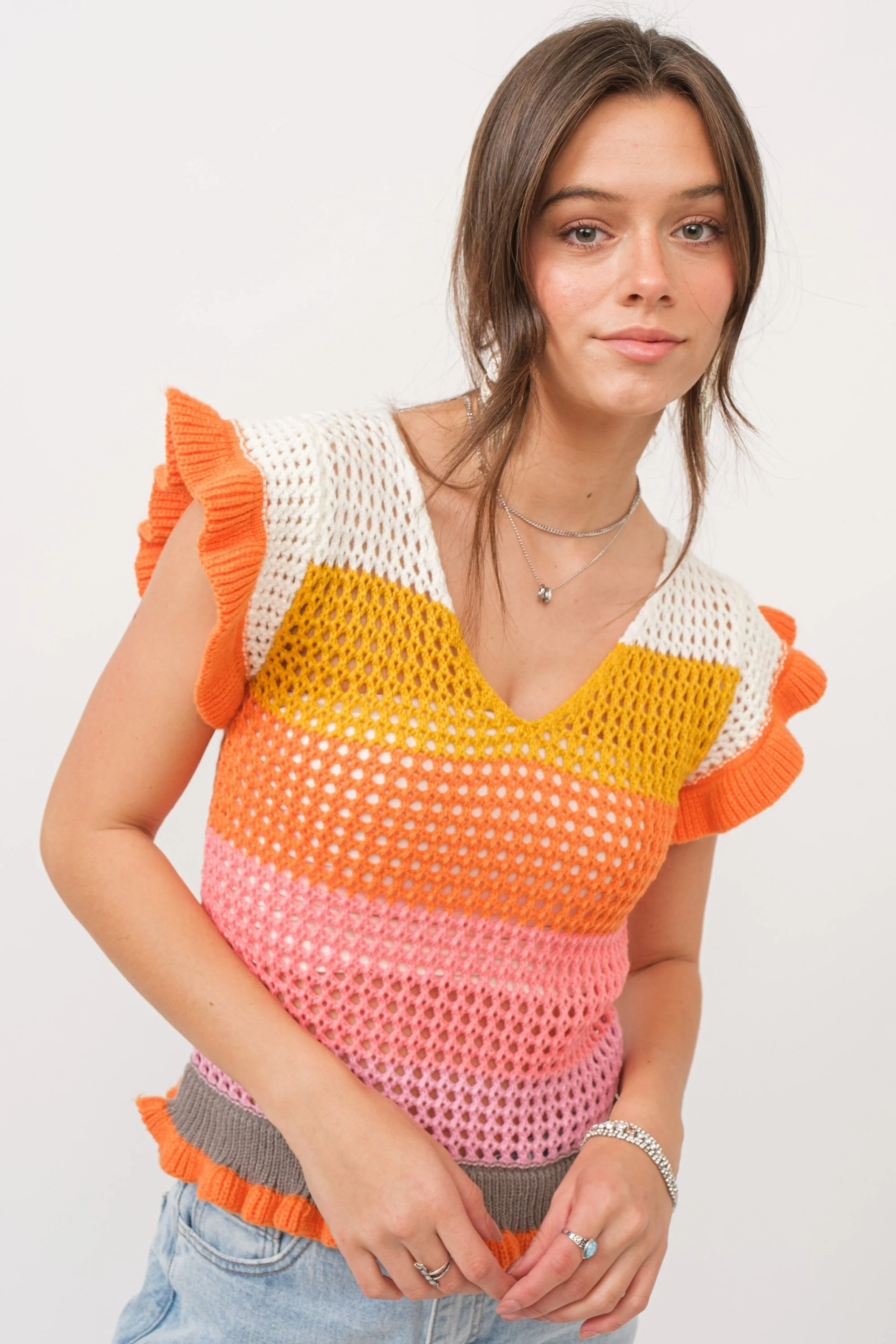 The Savanna Sunrise Knit Top - Coral/Yellow Stripe