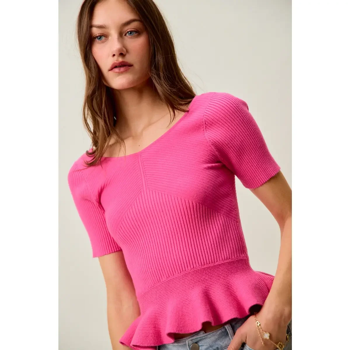 Ribbed Knit Short Sleeves Peplum Sweater Top 1.webp