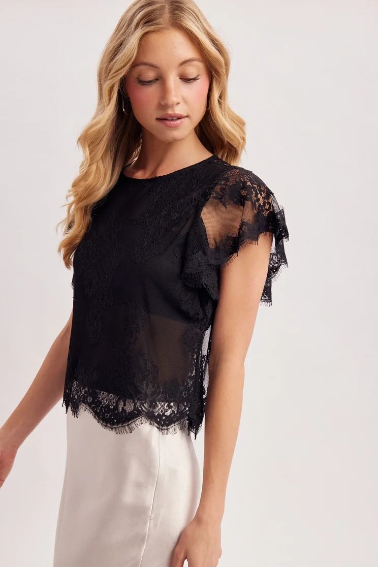 Black Sheer Lace Cap Sleeve Top 2.webp