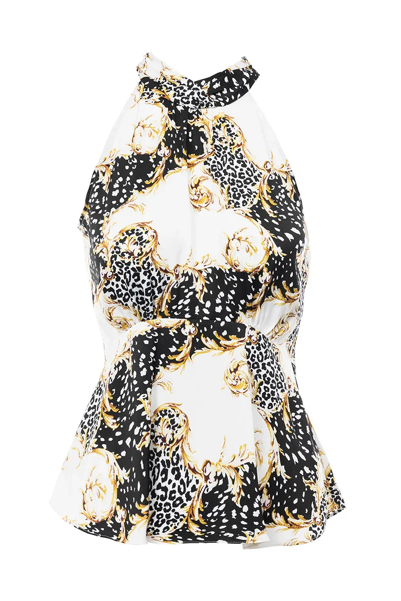 Haltered Neck Ruched Peplum Printed Top 1.webp