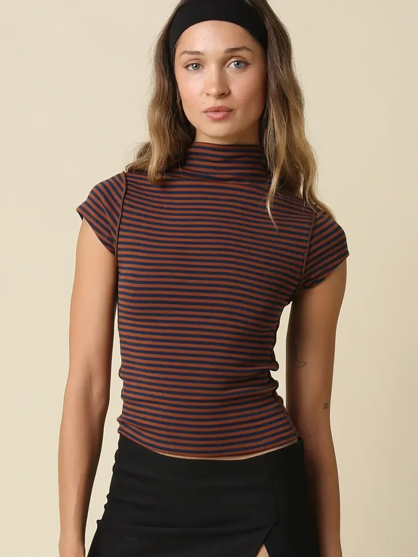 The Left Bank Striped Mock Neck - Navy & Cinnamon