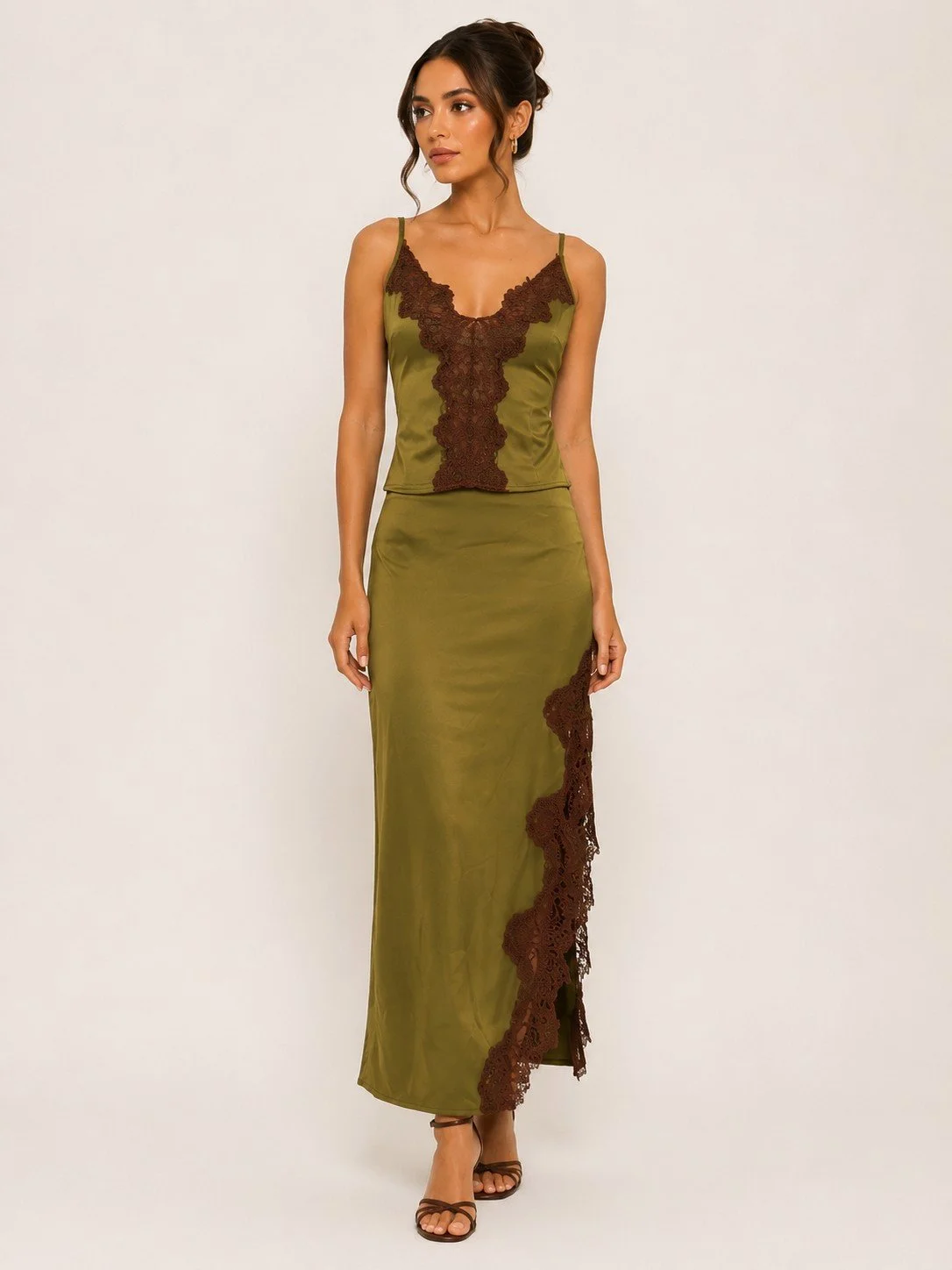 The Terra Verde Lace Midi Skirt — Olive & Chocolate (Part of Set)