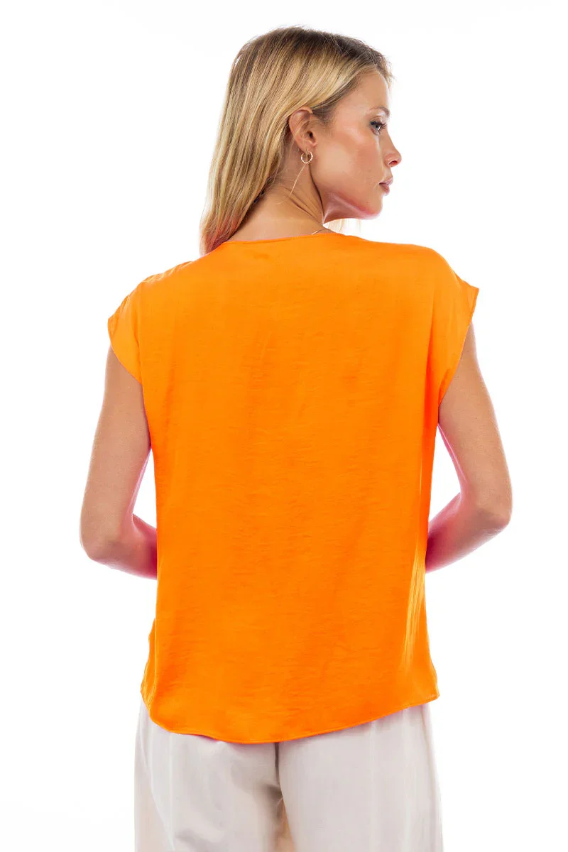 V Neck Ruched Blouse - Neon Orange 12.webp