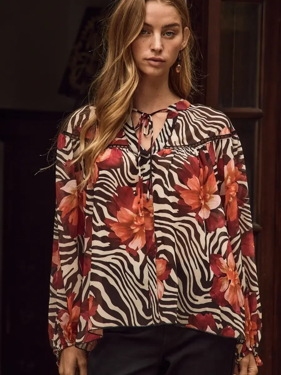 Sheer Floral and Zebra Mixed Print Blouse.webp