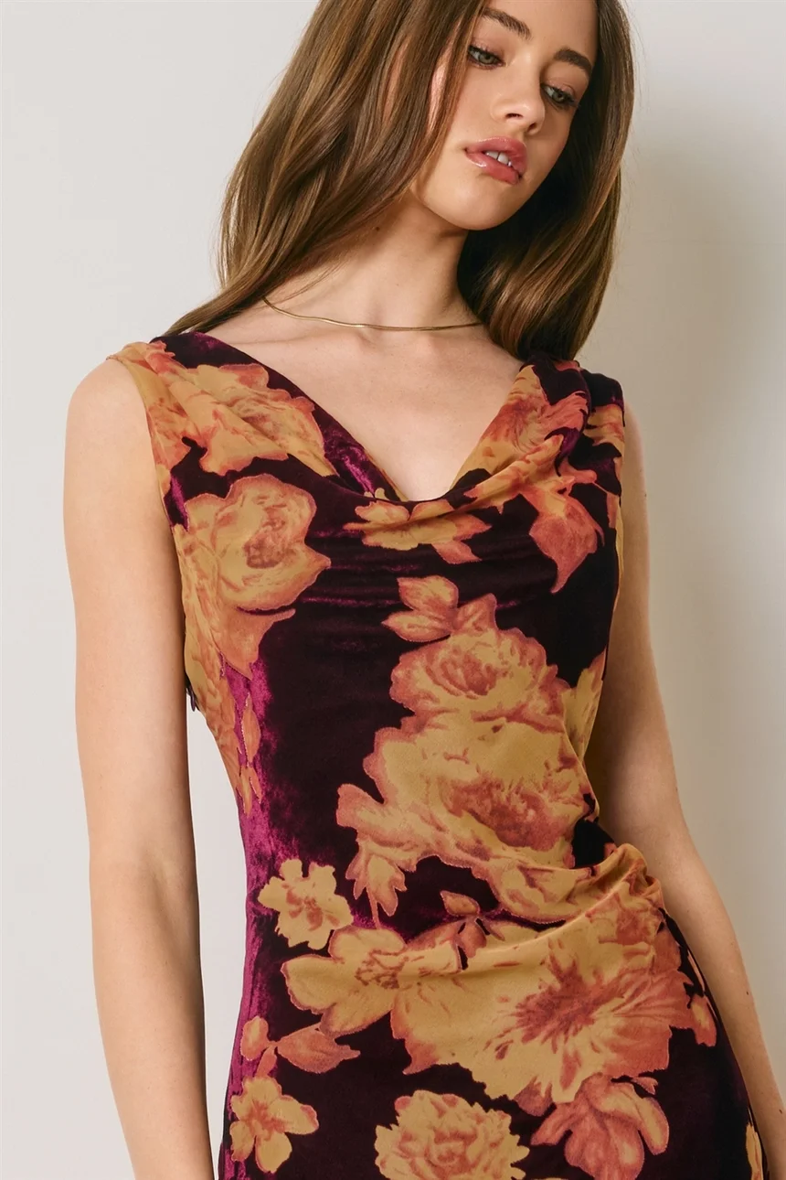 Floral Velvet Burnout Draped Midi Dress 2.webp