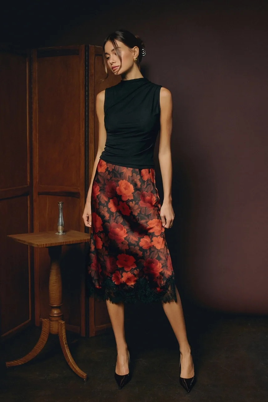Floral Satin Lace Hem Pencil Skirt.webp