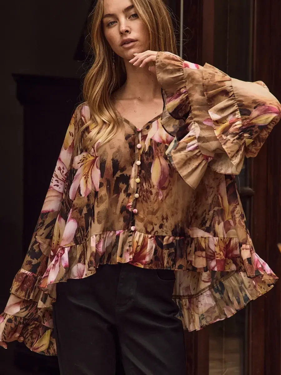Floral Leopard Ruffle Shirt.webp
