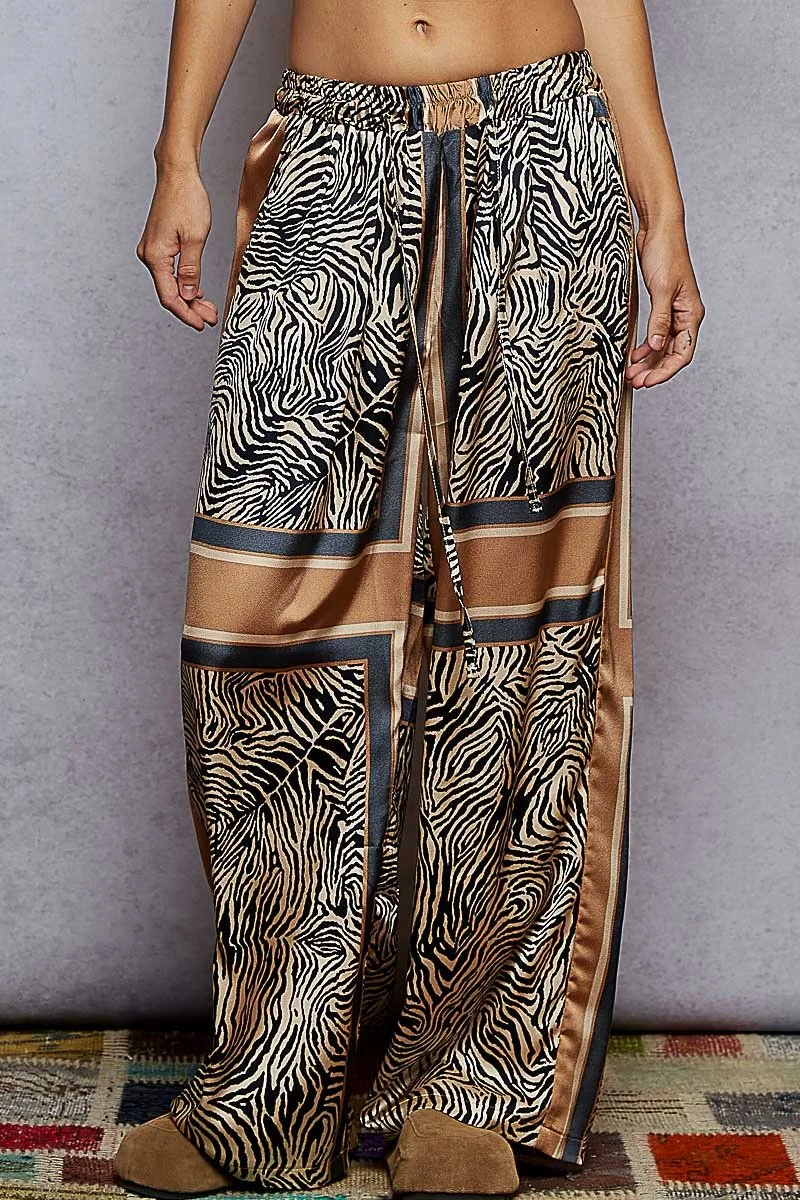 The Mara Silky Pant - Navy/Tan Print