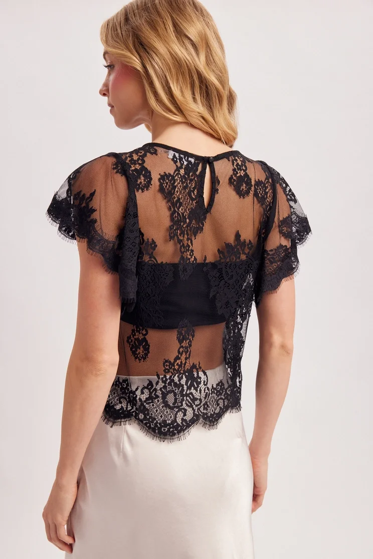Black Sheer Lace Cap Sleeve Top 3.webp