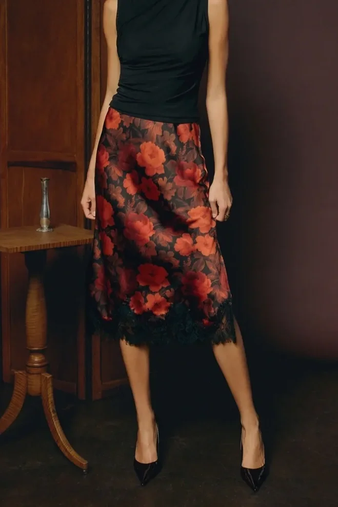 The Sevilla Rouge Floral Lace Midi Skirt
