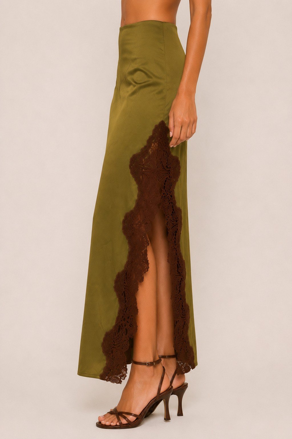 Olive Lace Trim Satin Skirt 2.jpg