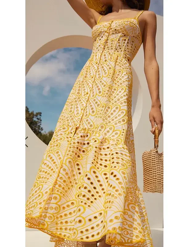 The Golden Hour Sundress - Yellow French Embroidery Eyelet Lace