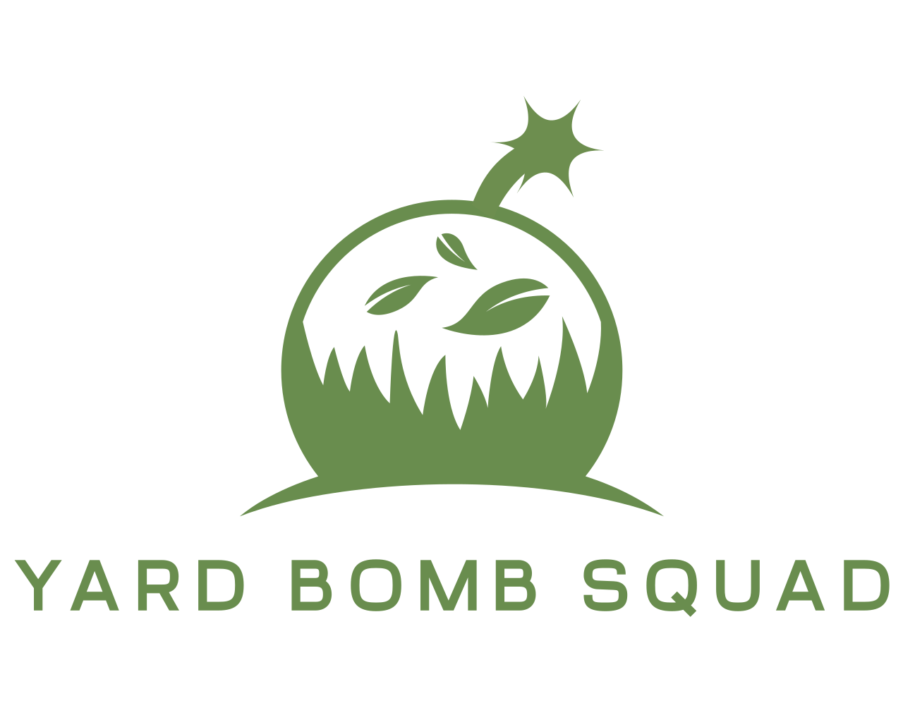 A green cartoon-style bomb with a lit fuse, featuring a face with jagged mouth and leaves inside the face, above the text 'YARD BOMB SQUAD' in green.