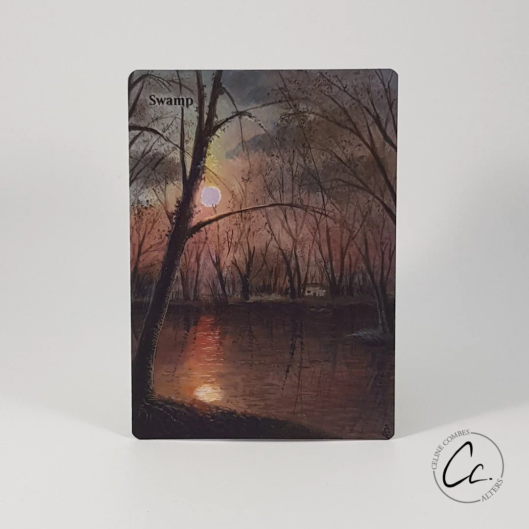 A watercolor painting of a swamp at sunset with leafless trees and a reflection of the setting sun on the water.