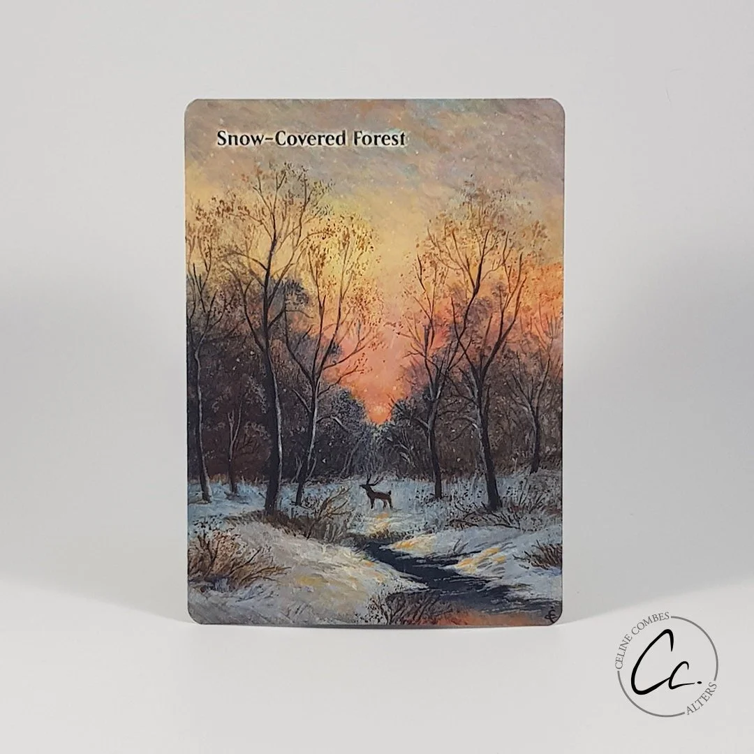 Painting of a snow-covered forest with a deer near a stream at sunset.