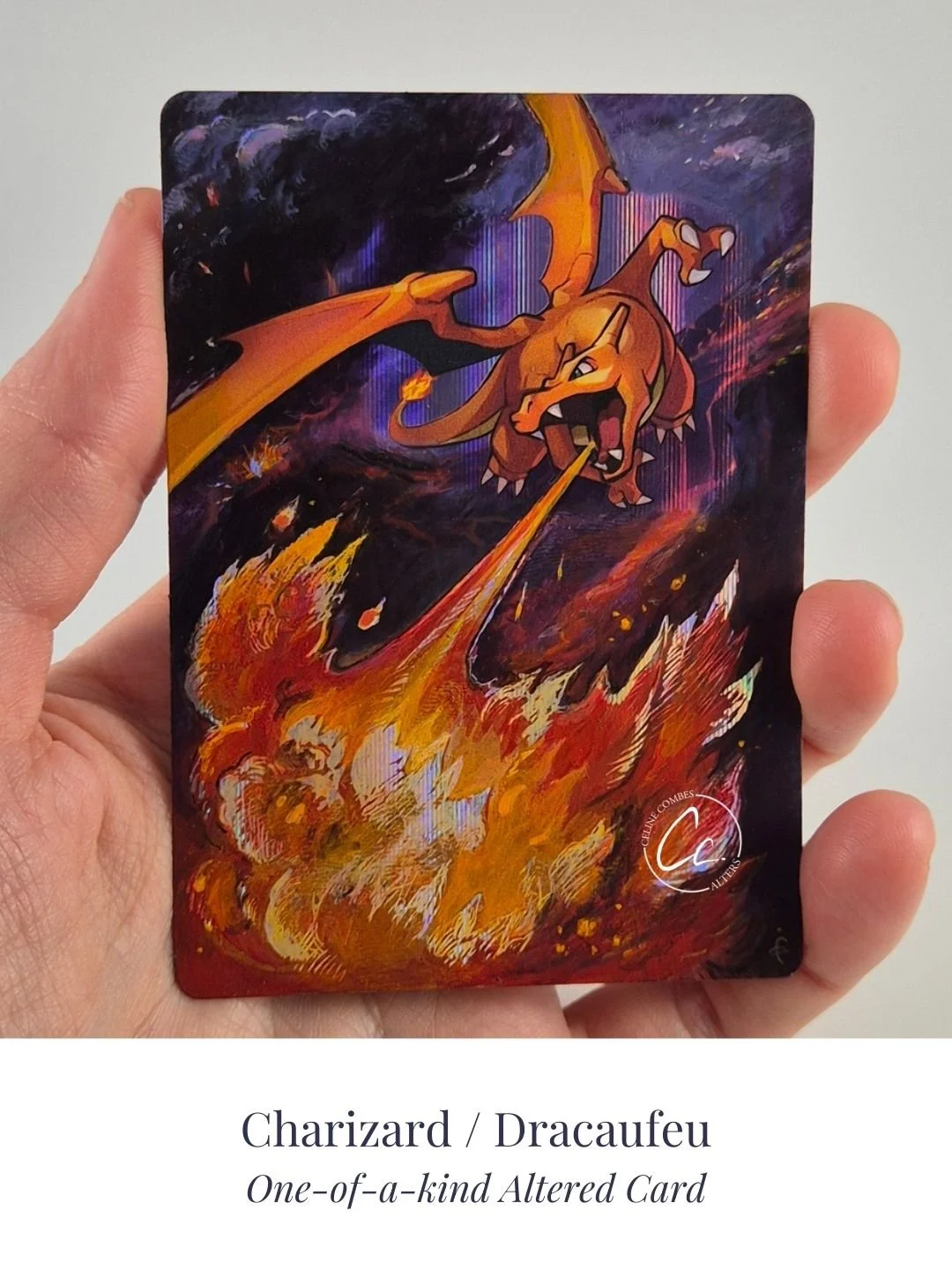 Charizard card alter — Dracaufeu
Hand painted acrylic on foil card · commission available