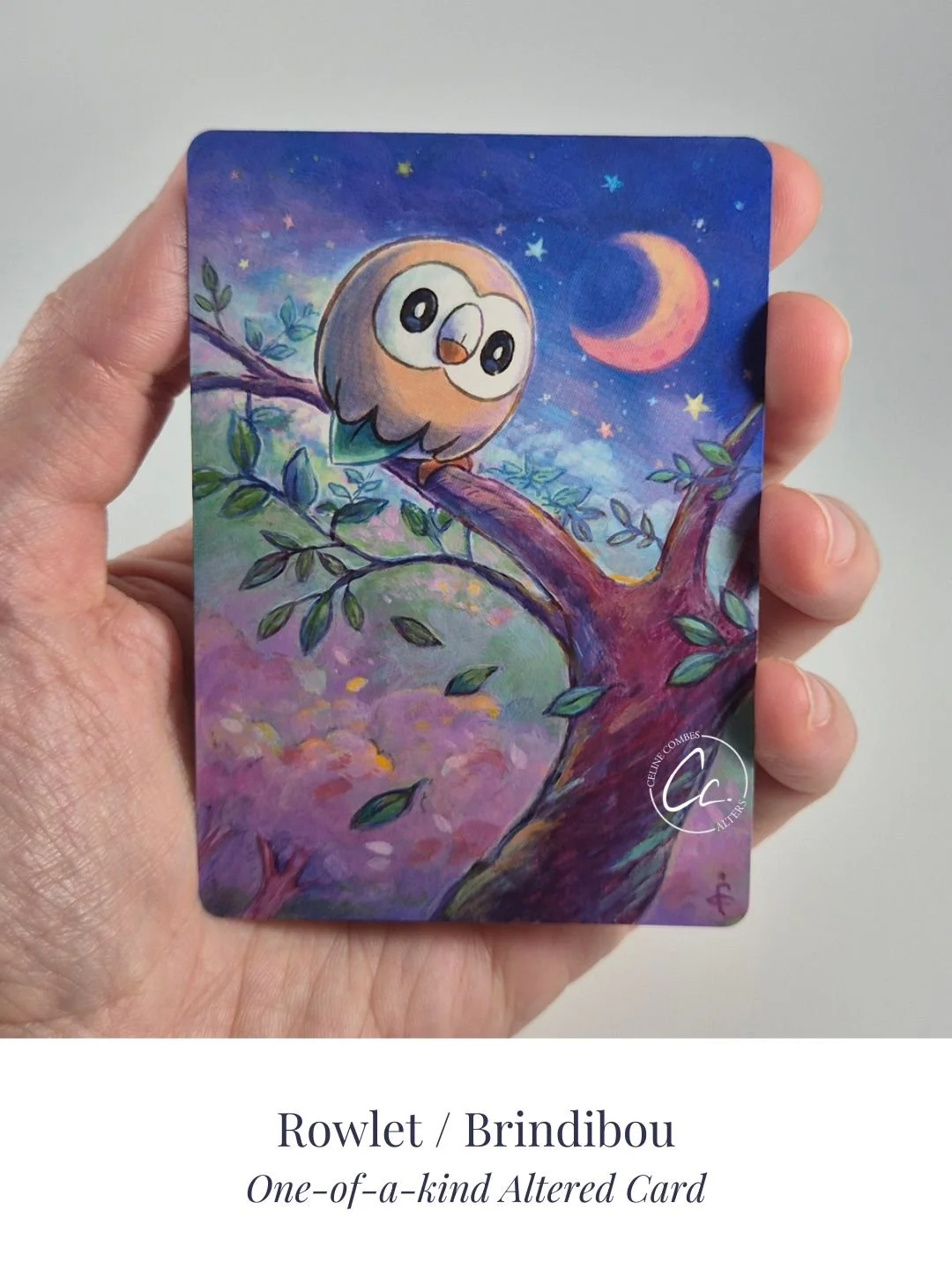 Rowlet card alter — Brindibou
Hand painted acrylic · commission available
