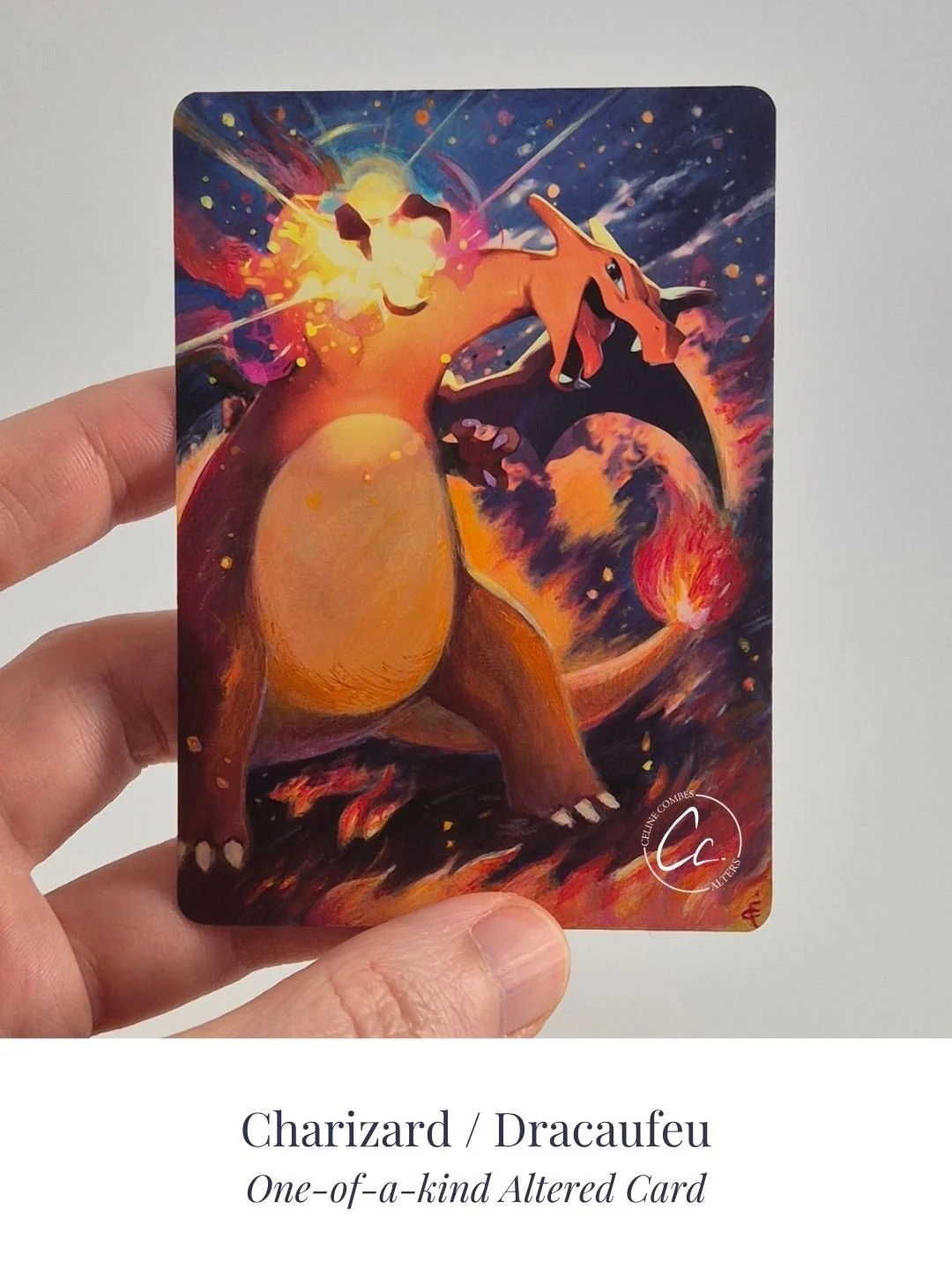 Altered Charizard Pokémon card, hand-painted with acrylic paint