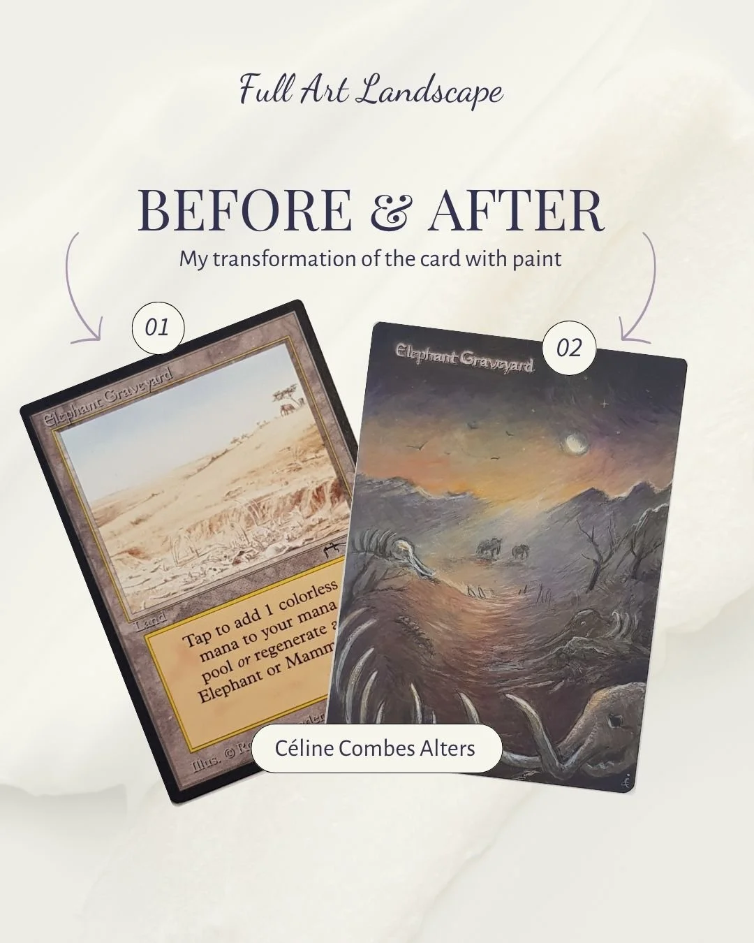 Carte MTG Elephant Graveyard avant et après peinture