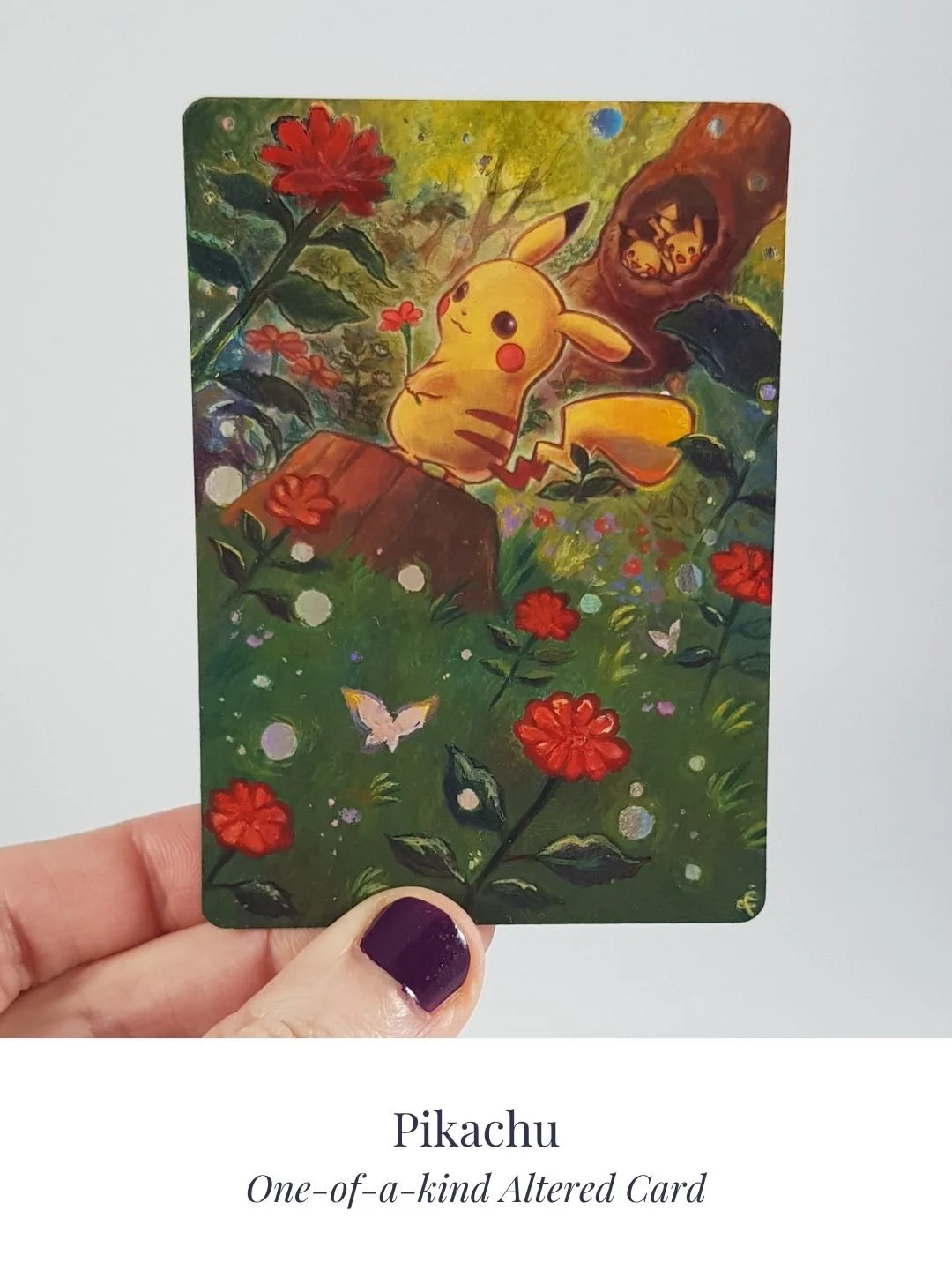 Pikachu card alter — Pikachu
Hand painted acrylic on foil card · commission available