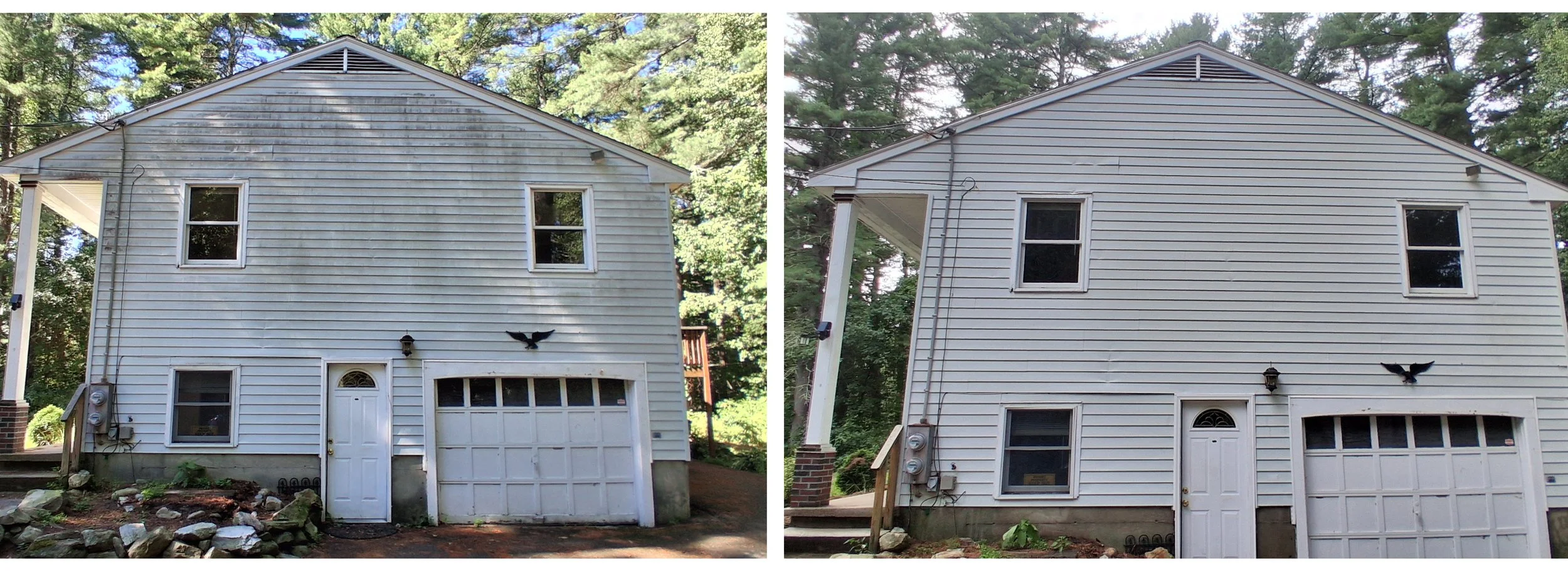 A side by side comparison of before and after washing the house with aluminum siding