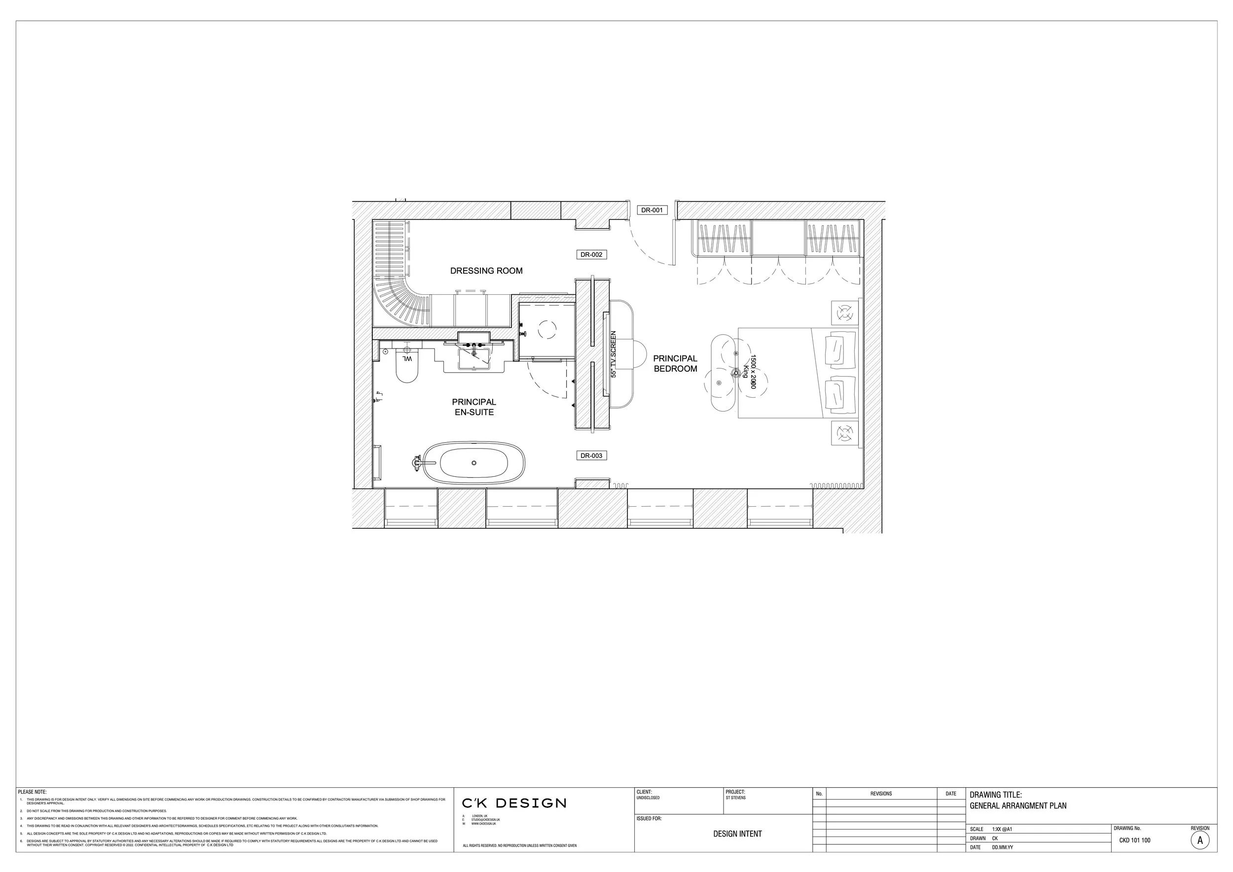 Architectural floor plan of a master bedroom with en-suite bathroom, dressing room, and closet space, including furniture and fixture details.