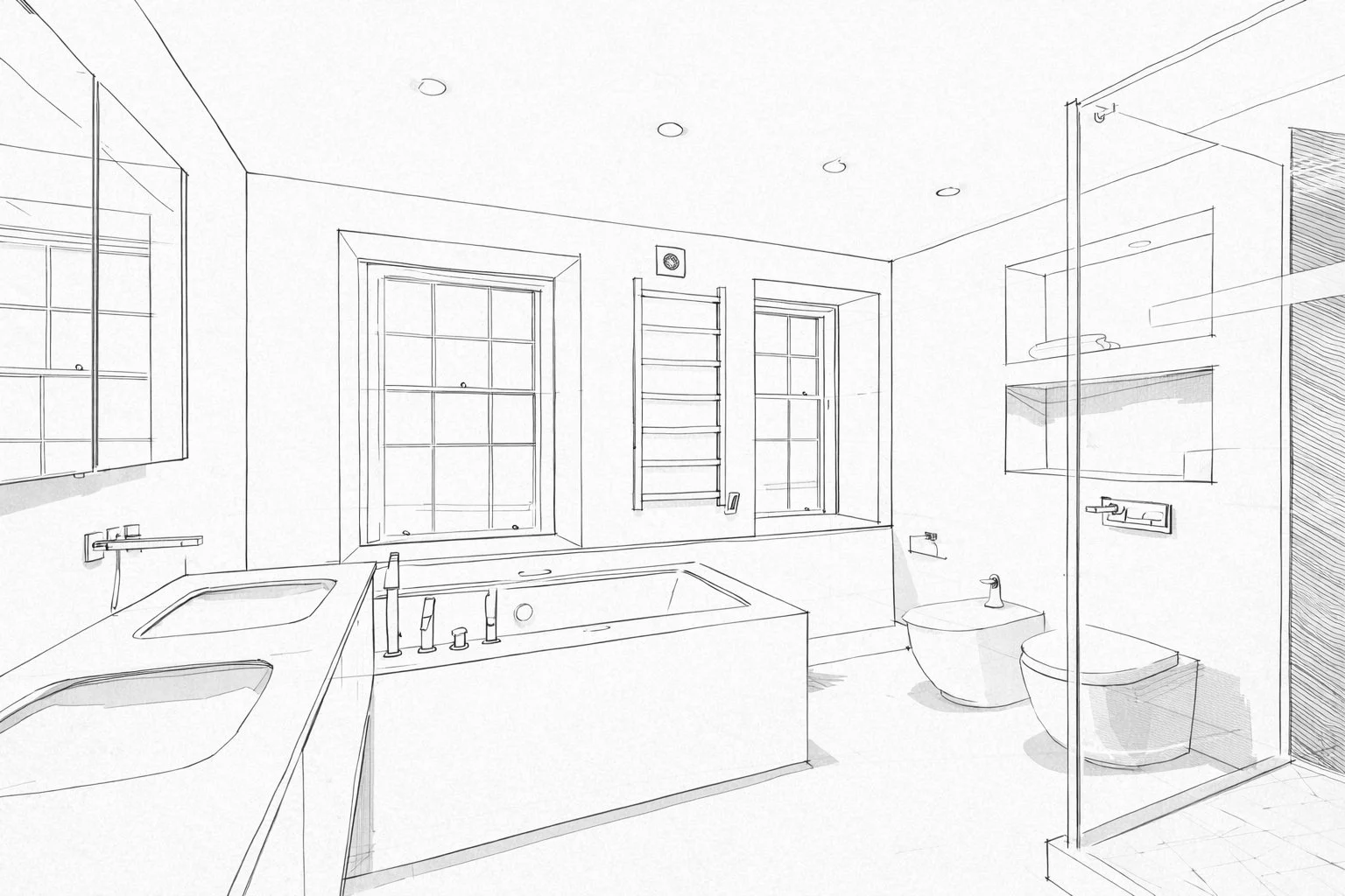 Existing en suite bathroom showing exposed services, fragmented material palette and unresolved spatial layout