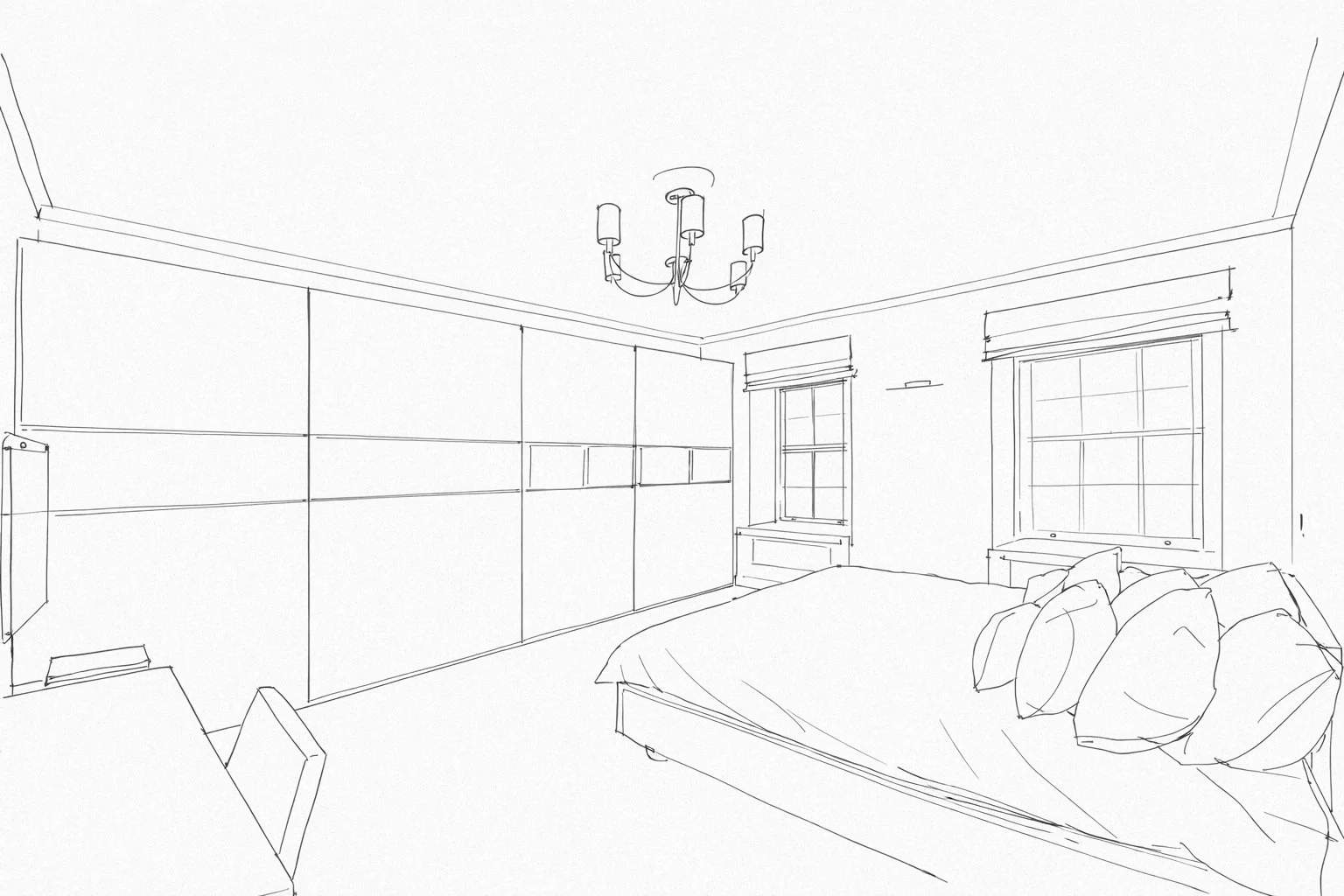 Existing principal bedroom showing unmodernised layout, basic joinery and lack of architectural definition