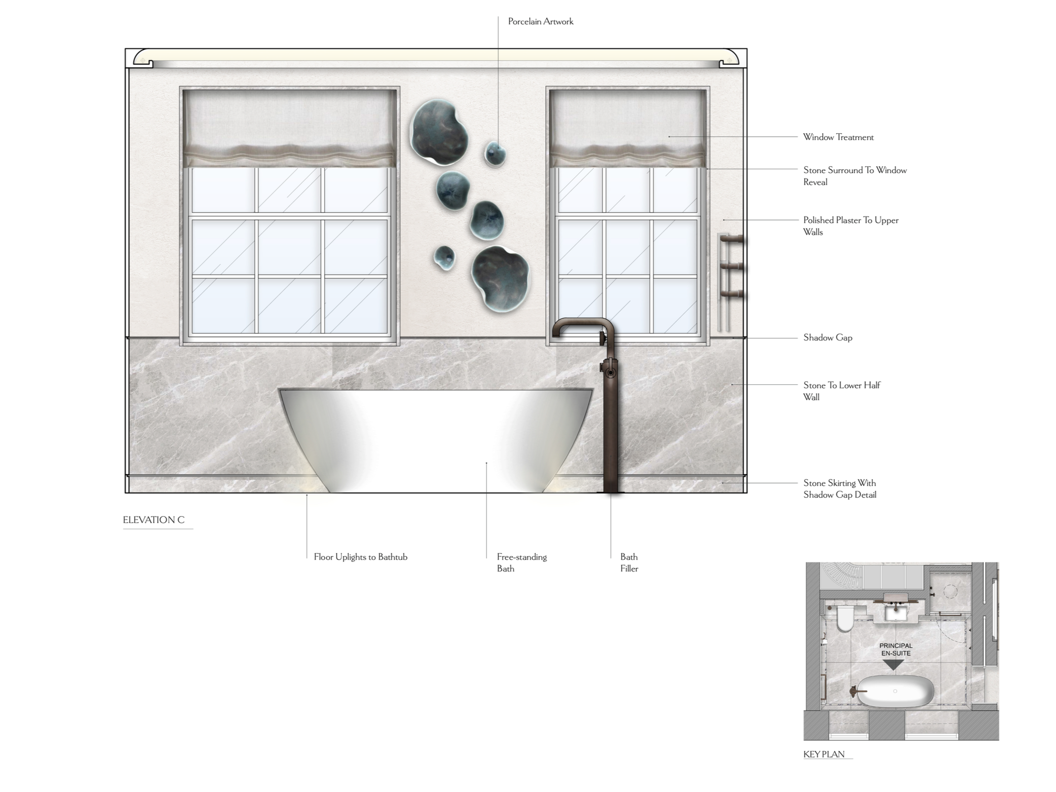 Architectural elevation drawing of a bathroom wall with two windows, stone accents, porcelain artwork, and plumbing fixtures, including a bathtub and pipes, with a smaller floor plan of the en-suite bathroom in the corner.