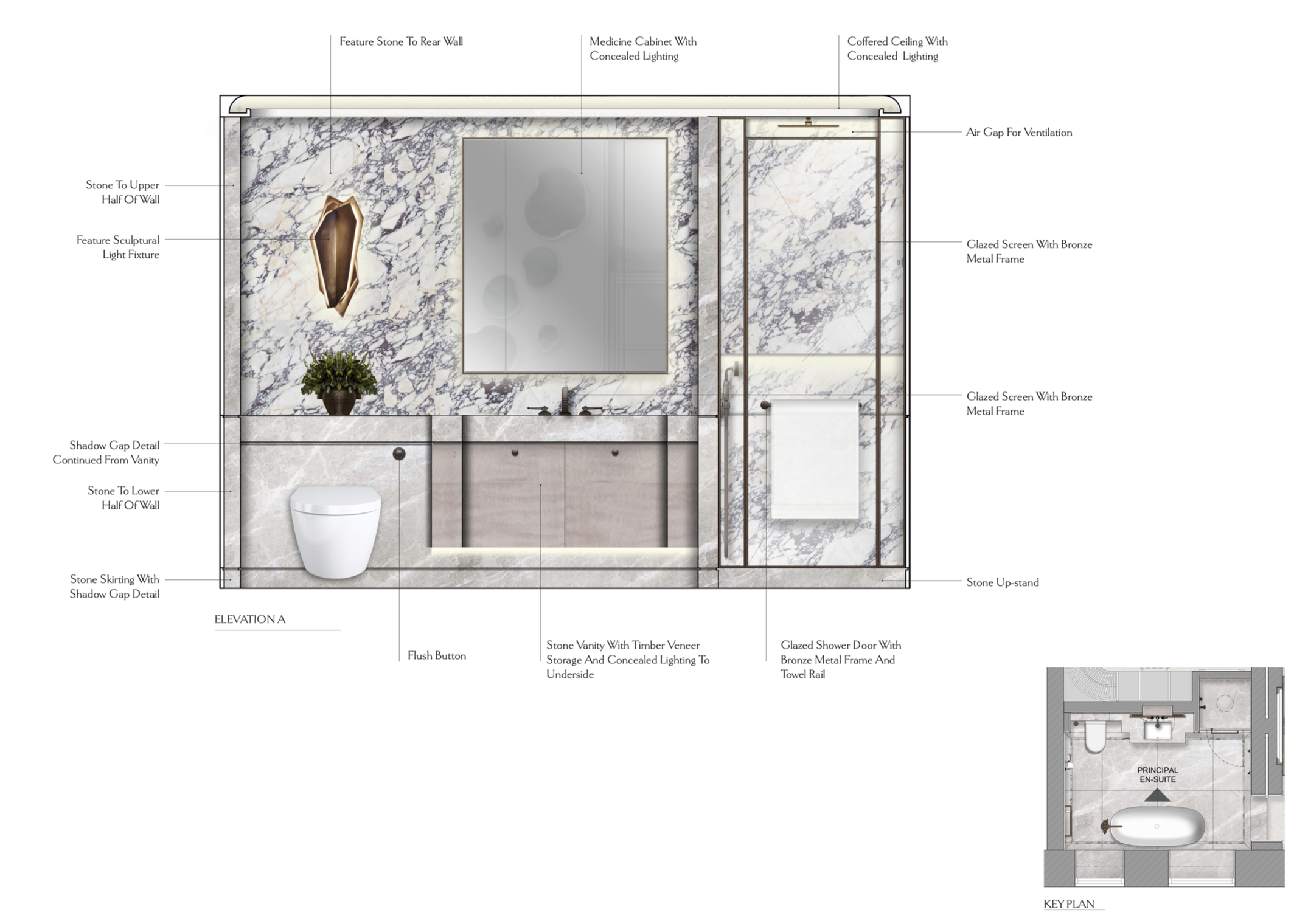Design plan of a luxury bathroom with marble walls, a large mirror, a vanity with timber veneer, a toilet, and a shower area with bronze metal framed glazed glass doors and a towel rail, featuring concealed lighting and ventilation.