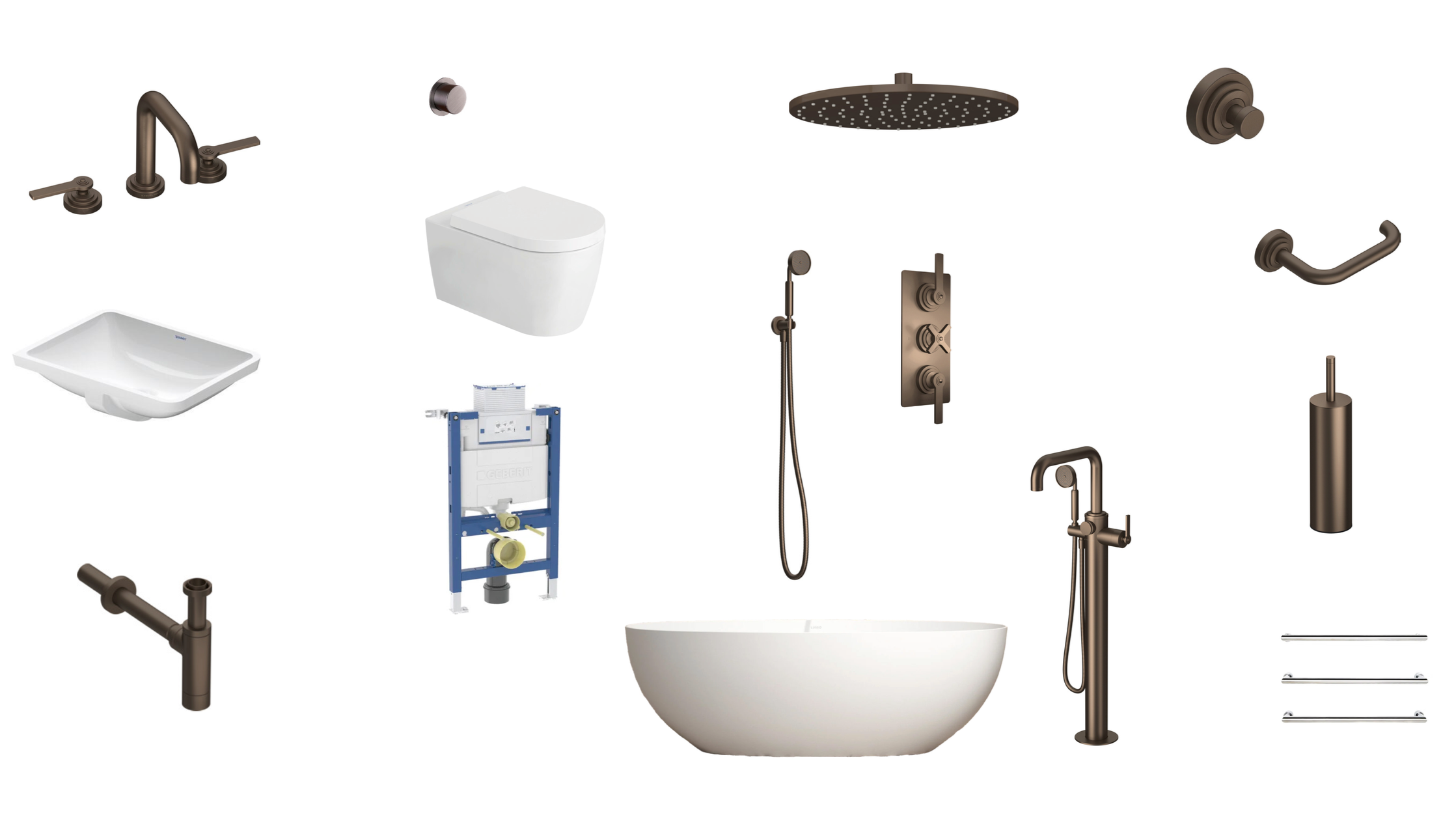 Sanitaryware selection for en suite illustrating a coordinated set of fixtures and fittings aligned in finish, proportion and placement