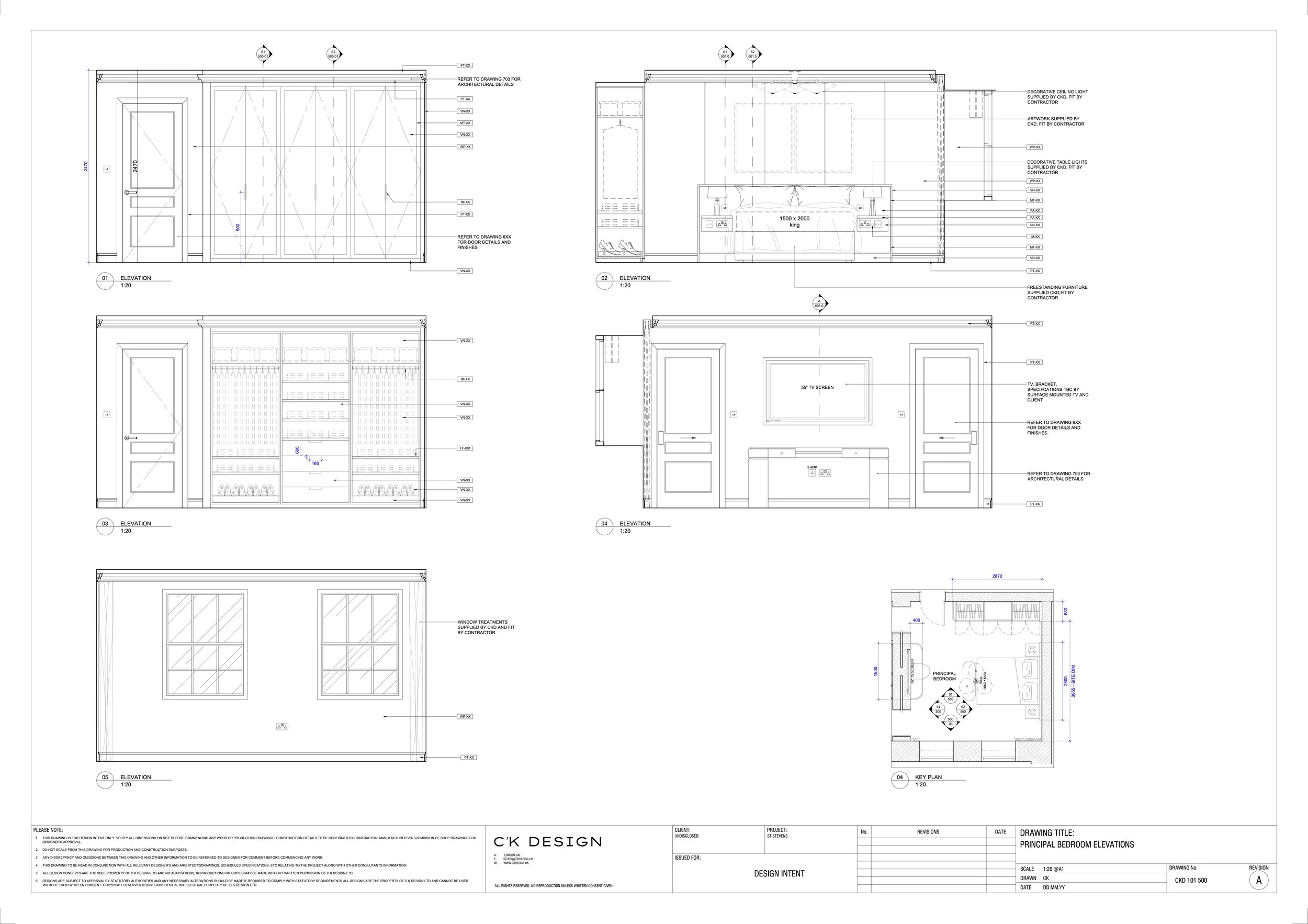 Architectural drawings of a principal bedroom, including elevation views of the walls, windows, built-in cabinets, TV, and furniture layout.