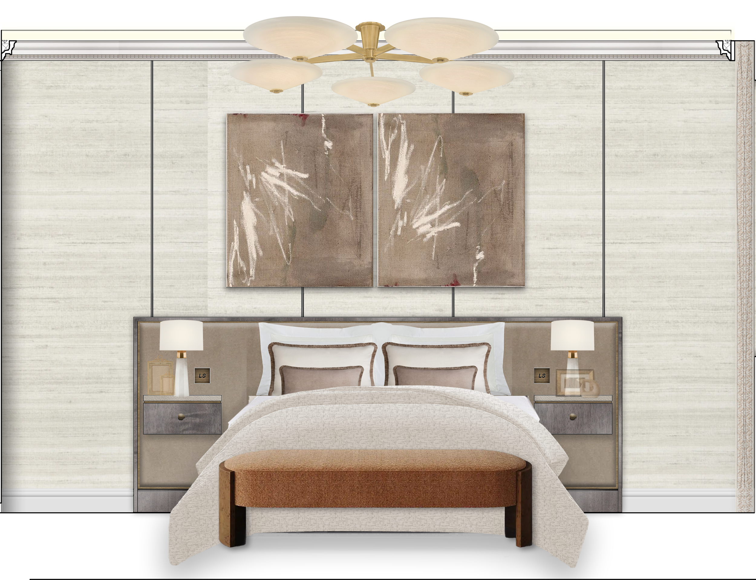 Principal bedroom defined by a bespoke headboard wall with integrated side tables, pendant and concealed lighting, set against a panelled wall with textured wallpaper
