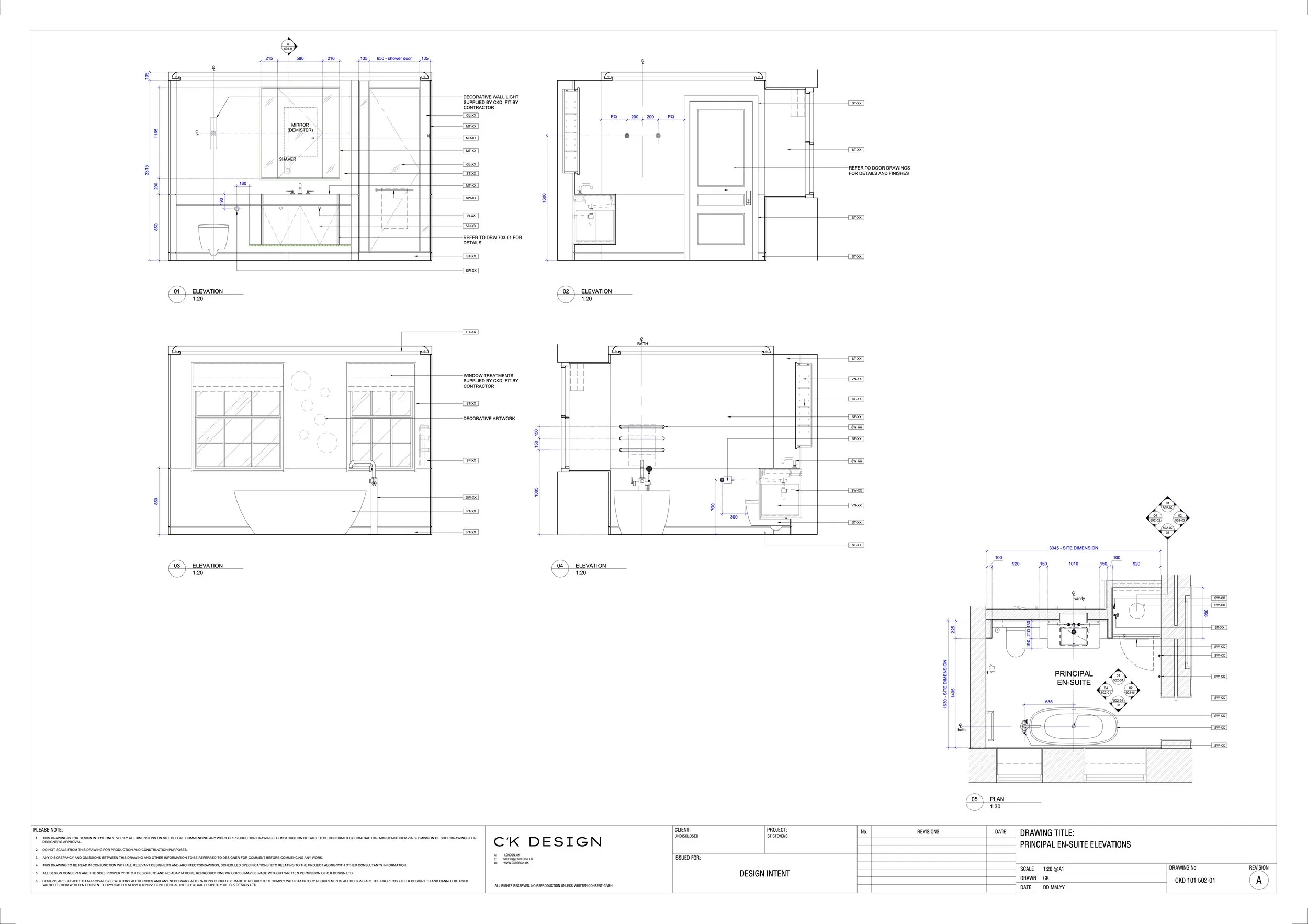 Architectural blueprint of a bathroom with multiple elevations, including a shower, vanity, bathtub, and separate toilet area, with measurements and detailed annotations.