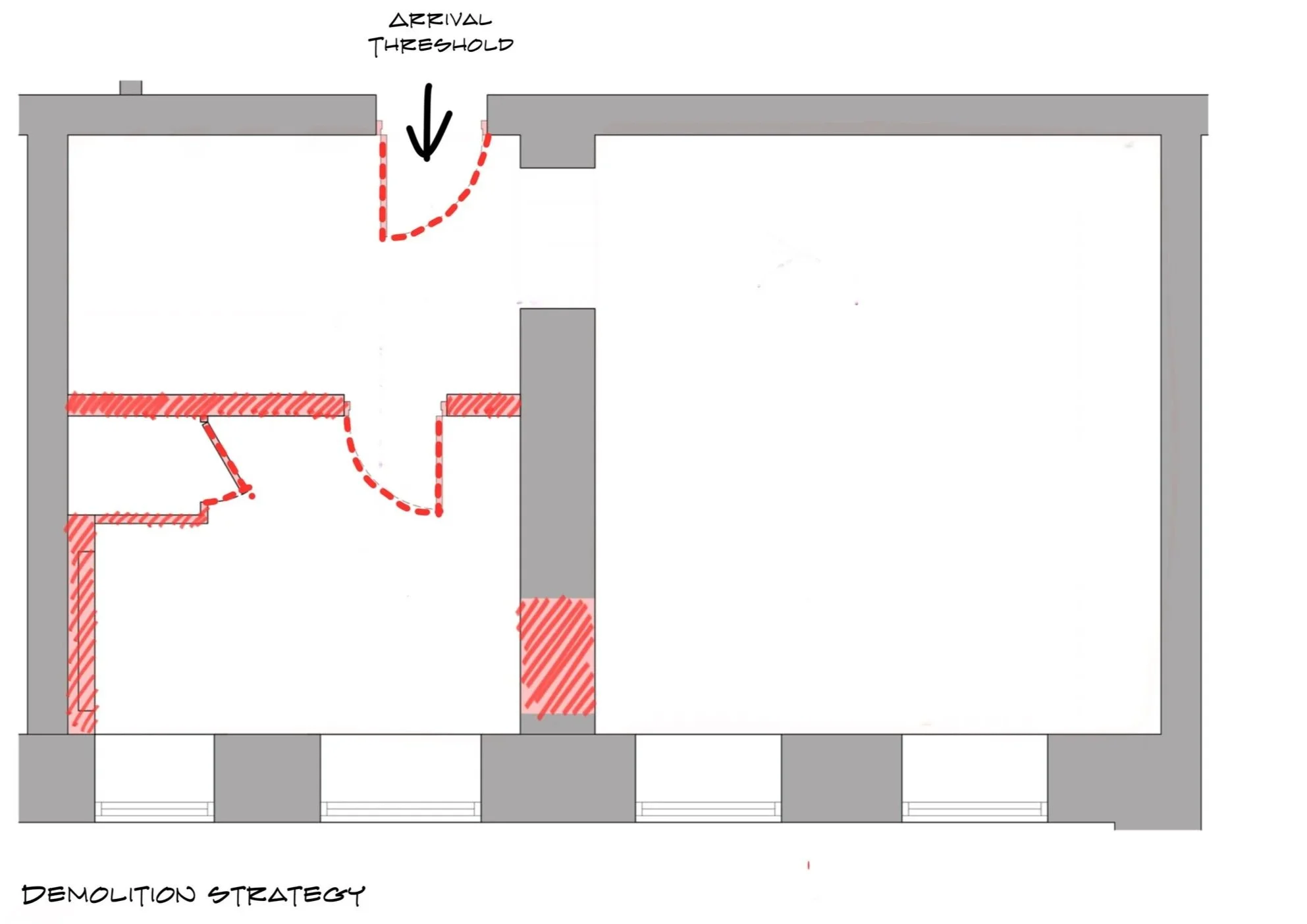 Demolition plan indicating removal of existing partitions to enable reconfigured spatial flow and arrival sequence
