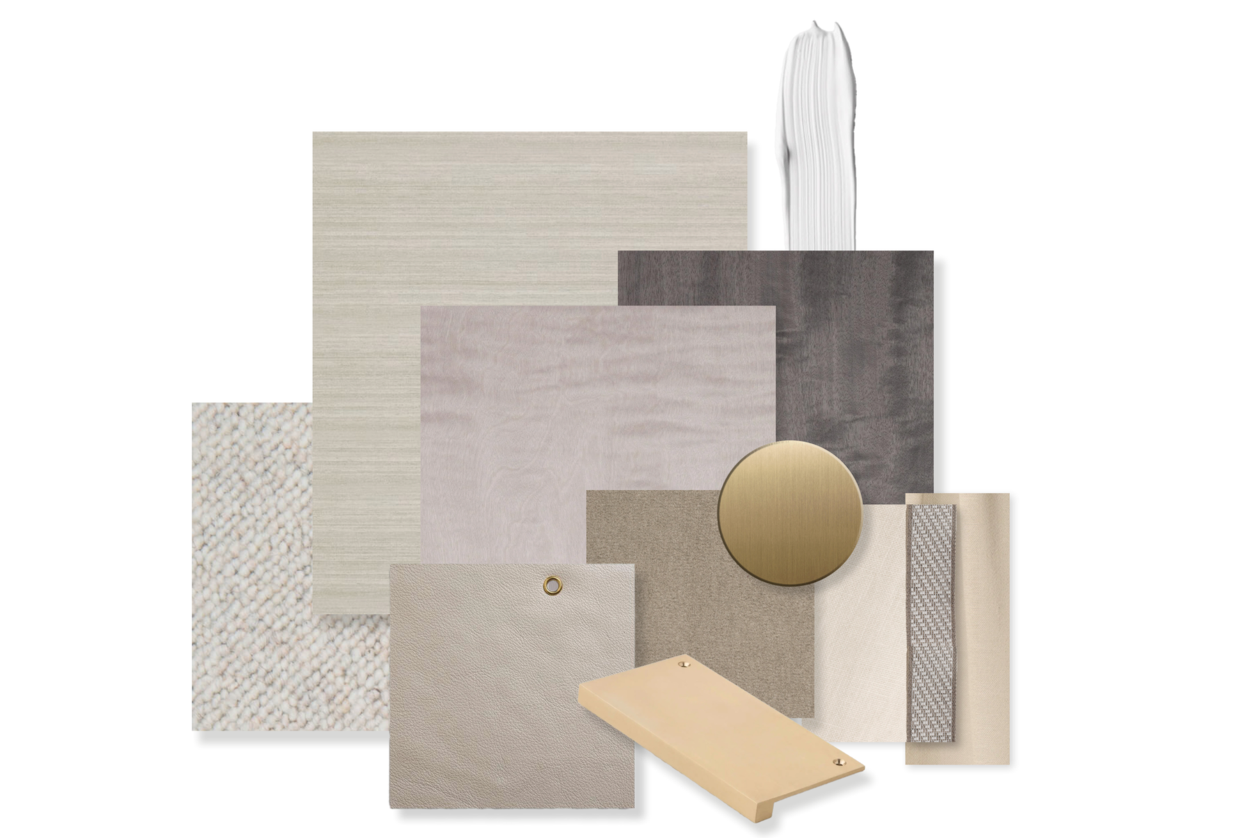 Material palette for principal suite illustrating a restrained combination of timber veneer, antique brass trims, leather and textured wall finishes