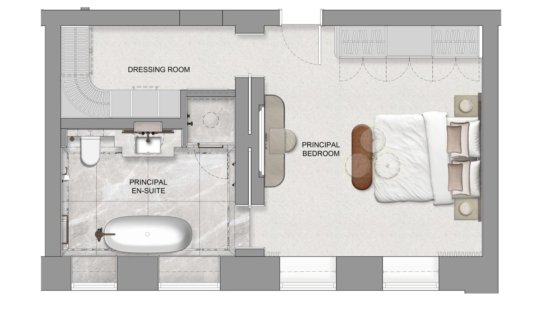 Proposed floor plan of principal suite illustrating a reconfigured layout and clear spatial sequence across rest, dress and sanctuary zones