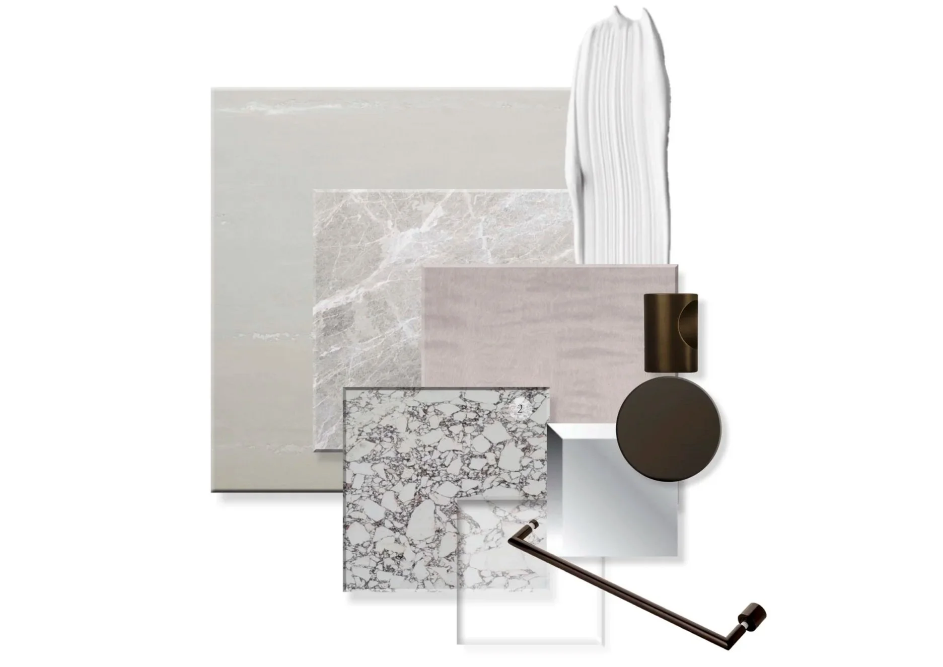 En suite material palette illustrating a refined combination of marble, stone and metal finishes