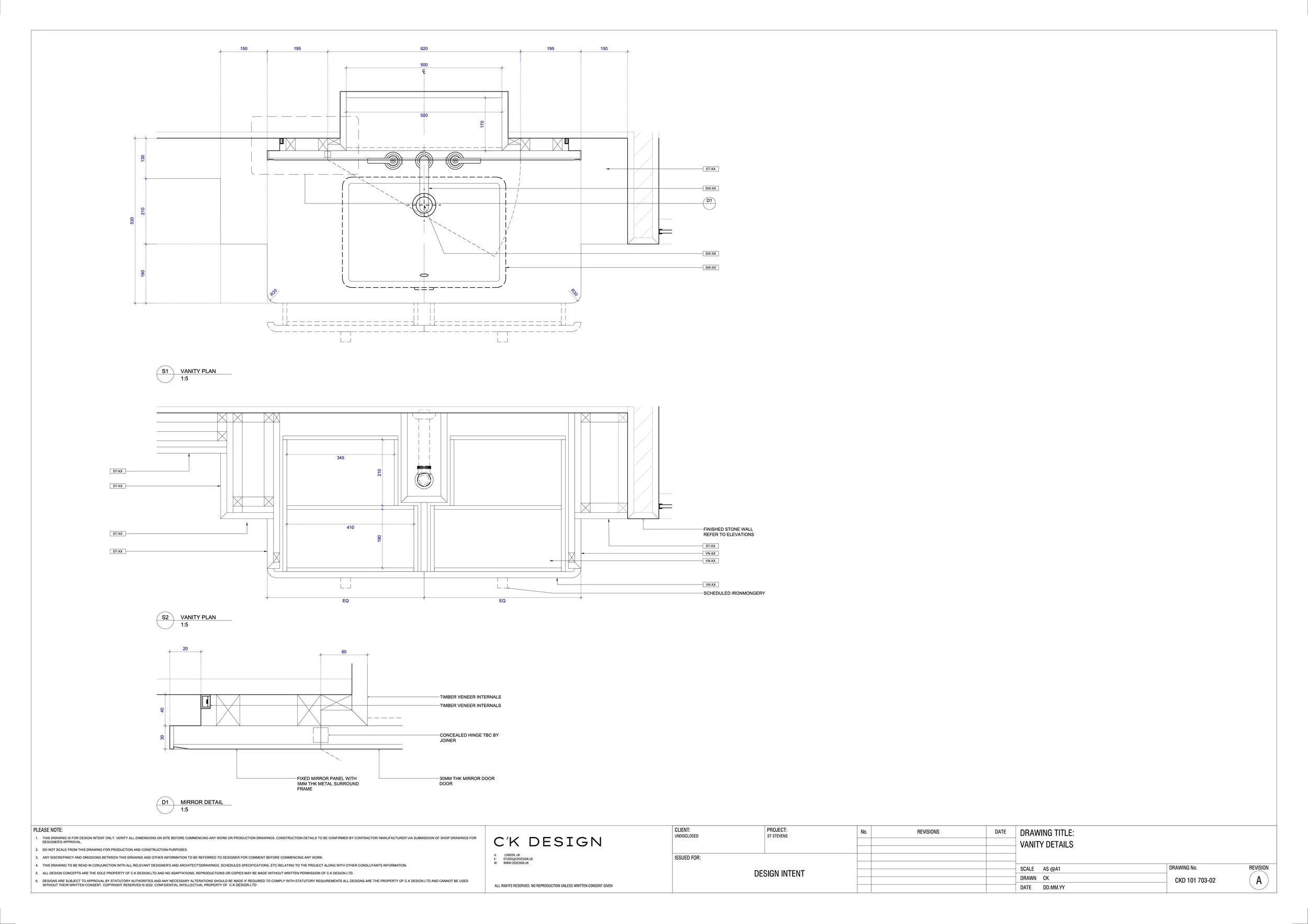 Technical architectural drawing of a bathroom vanity with detailed measurements and design specifications.