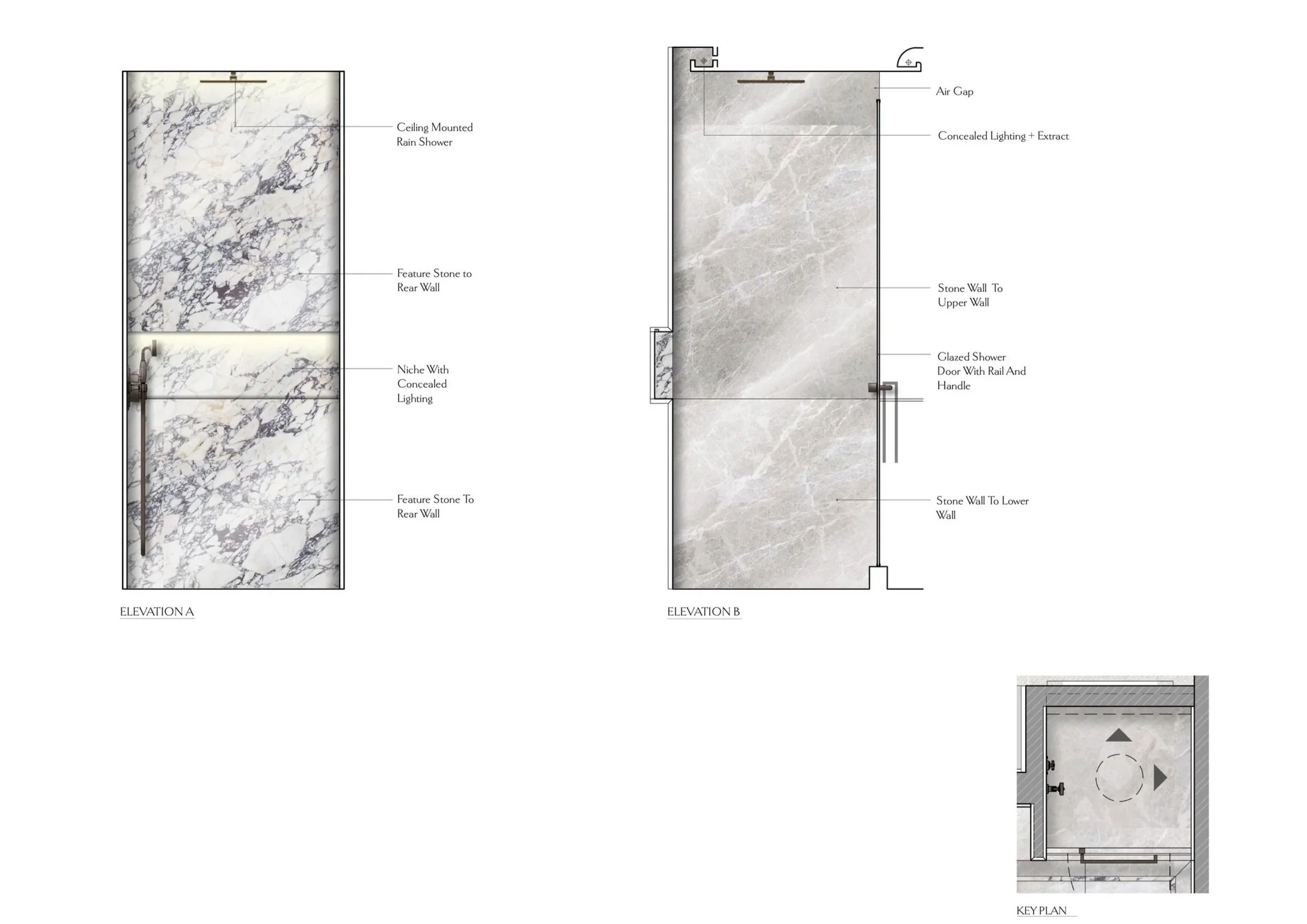 Architectural diagrams of a shower design, including elevation views and a key plan. The diagrams depict a ceiling-mounted rain shower, feature stones to the rear wall, concealed lighting, a glazed shower door with rail and handle, and stone walls with specific wall height details. The key plan shows the shower layout from above.
