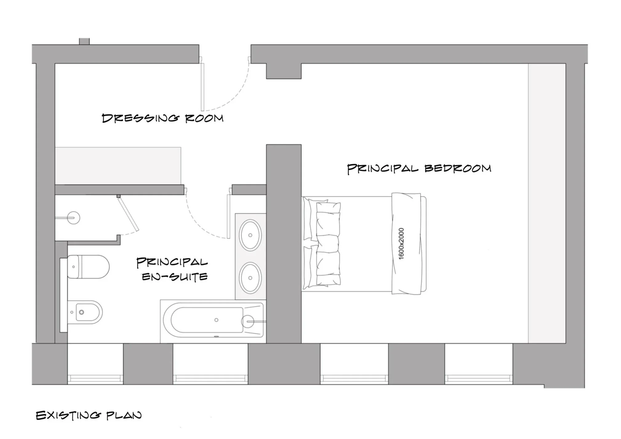 Existing floor plan of principal suite showing original spatial arrangement and relationship between bedroom, dressing room and en suite