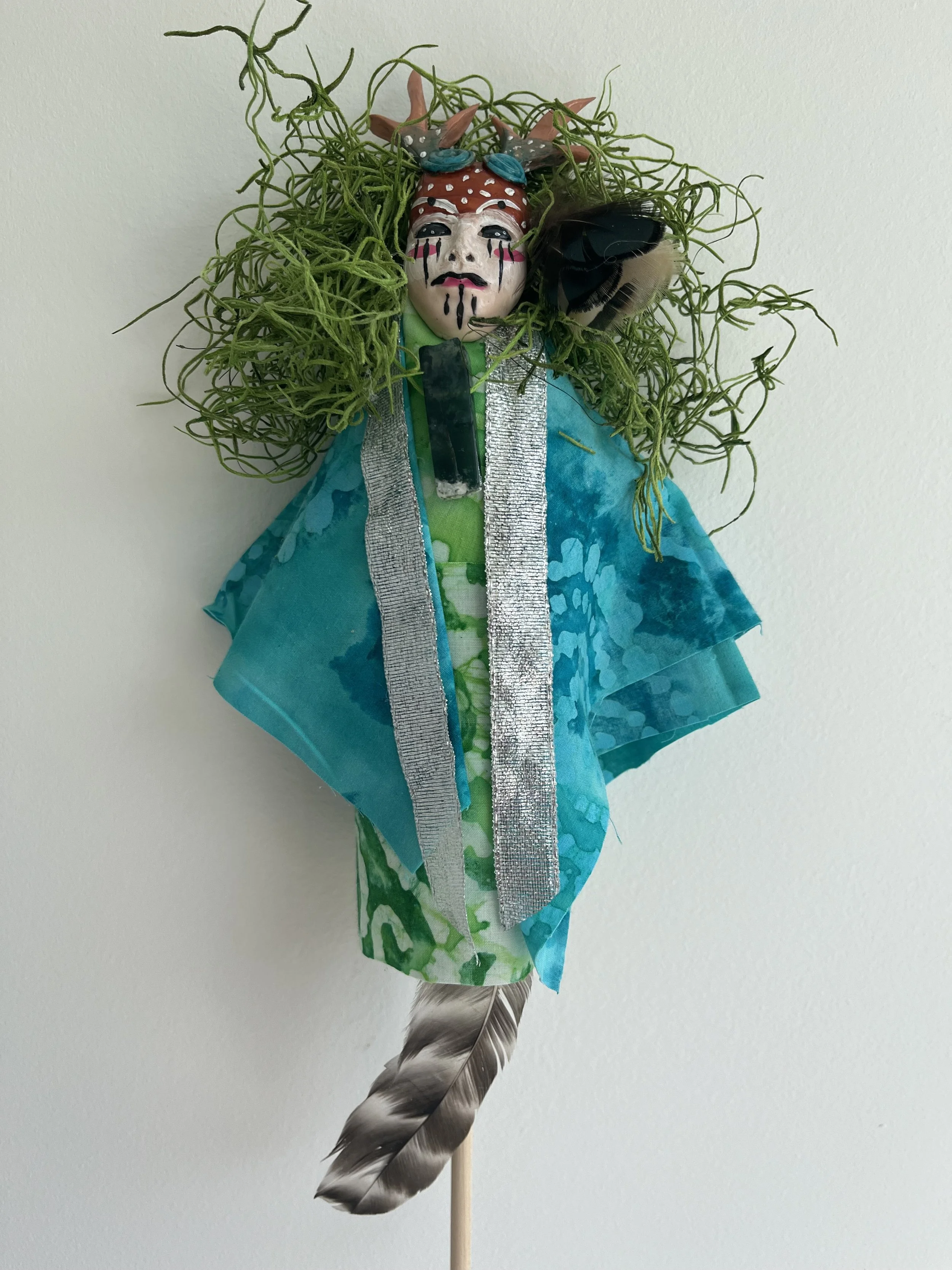 "Wild Wood"
All art dolls are made from mixed media textiles, clay, wood , feathers, fabric, semi precious stones and dried botanicals.  Each handmade and one of a kind.
