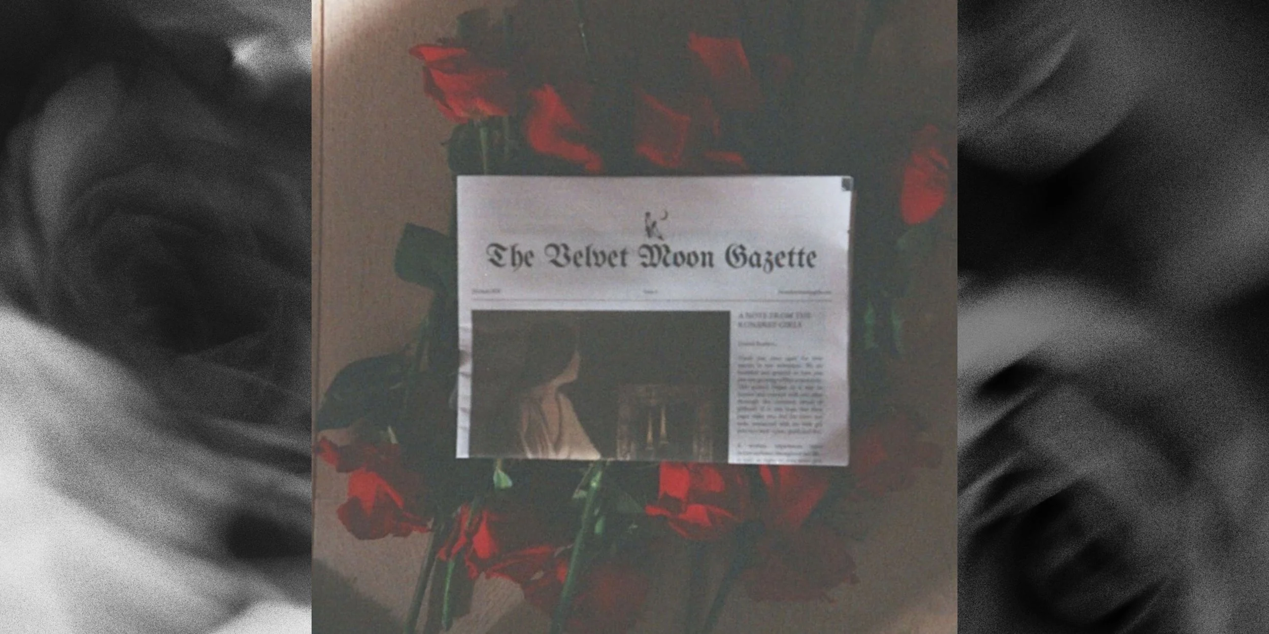 Womb healing and feminine energy activation for women’s empowerment. Image of the velvet moon gazette laid over red roses