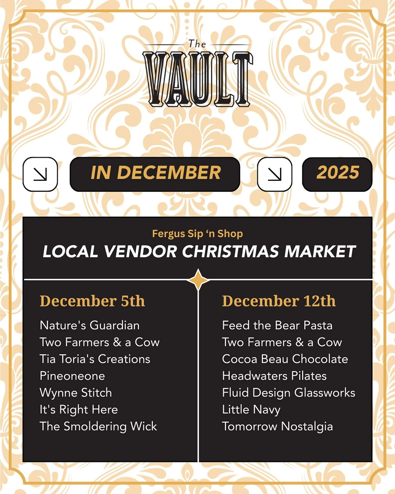 Join us at The Vault as we welcome this year&rsquo;s lineup of amazing local vendors for our Christmas Market on during the @fergusontario Sip &lsquo;n Shop evenings. Come by on December 5th and 12th from 6&ndash;9pm, discover great gifts, and suppor