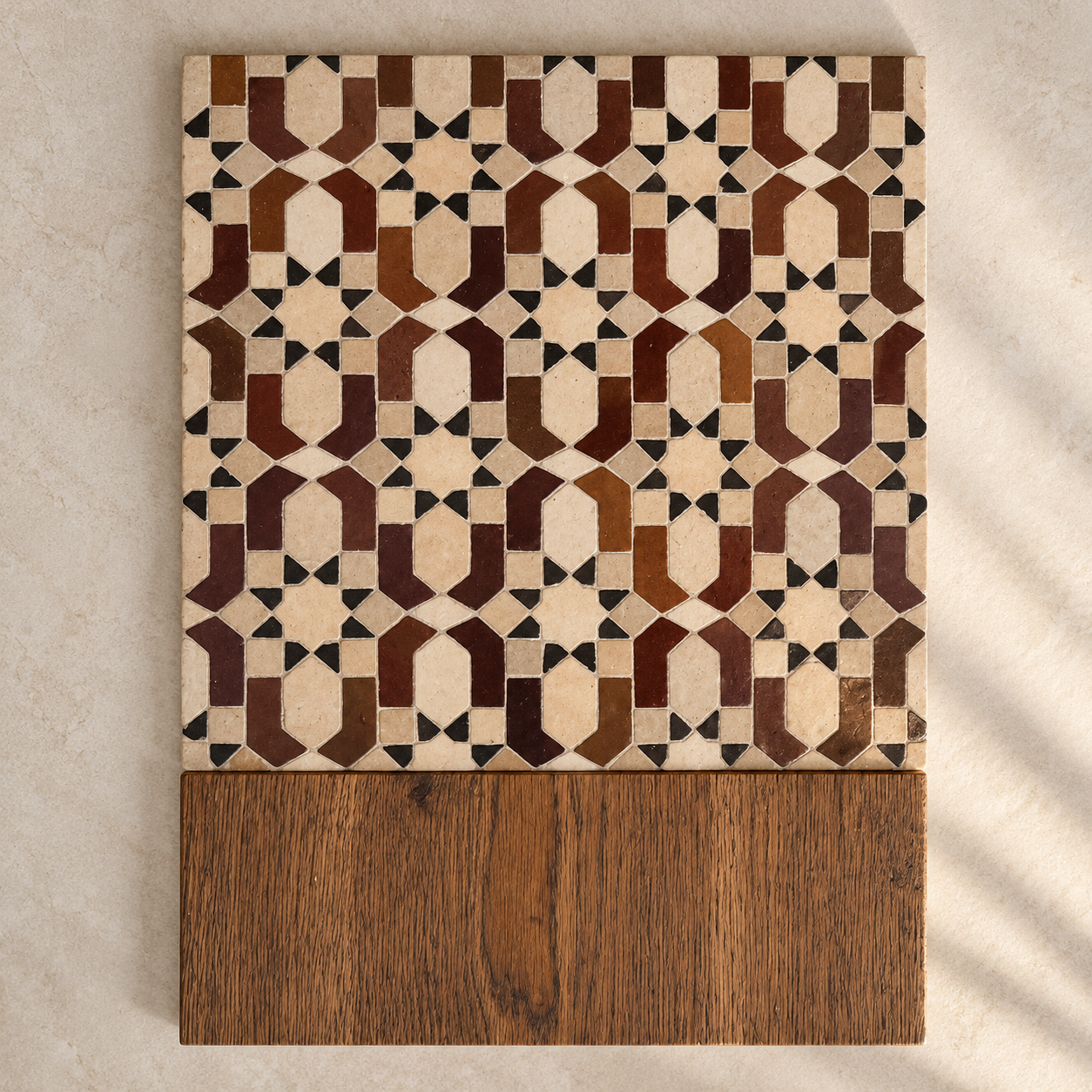 Selected finishes: oak flooring and a moorish-inspired mosaic tile.