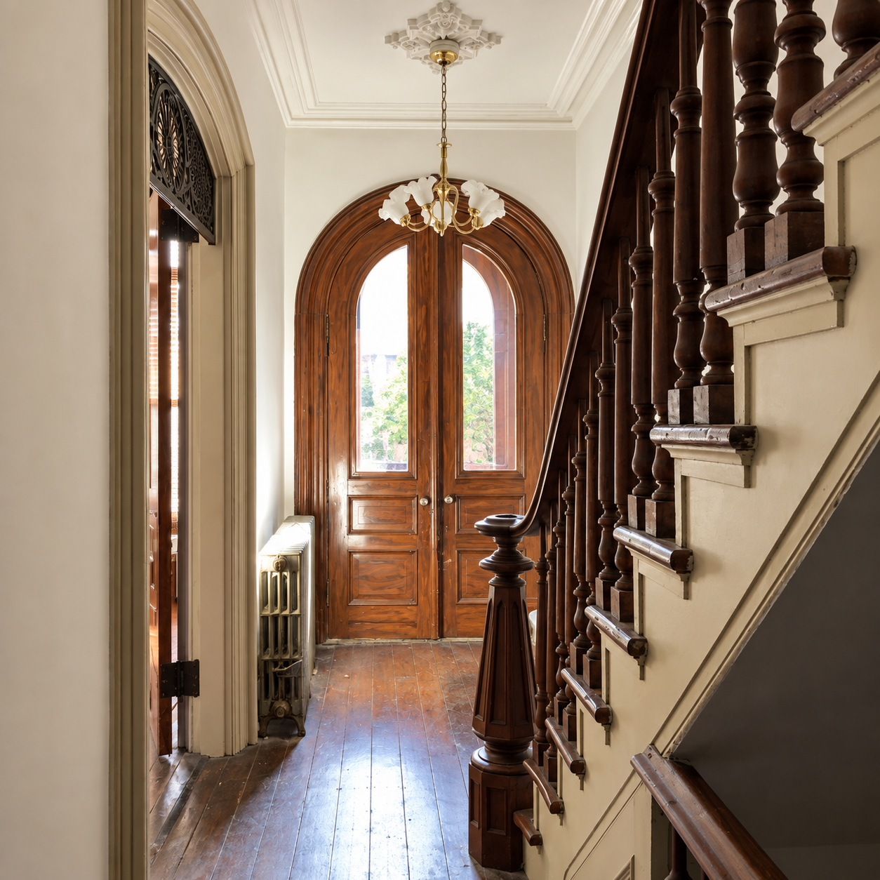 The entry hall, shown here before renovation, will retain its historic details and generous ceiling height, with new mechanical systems carefully routed elsewhere.
