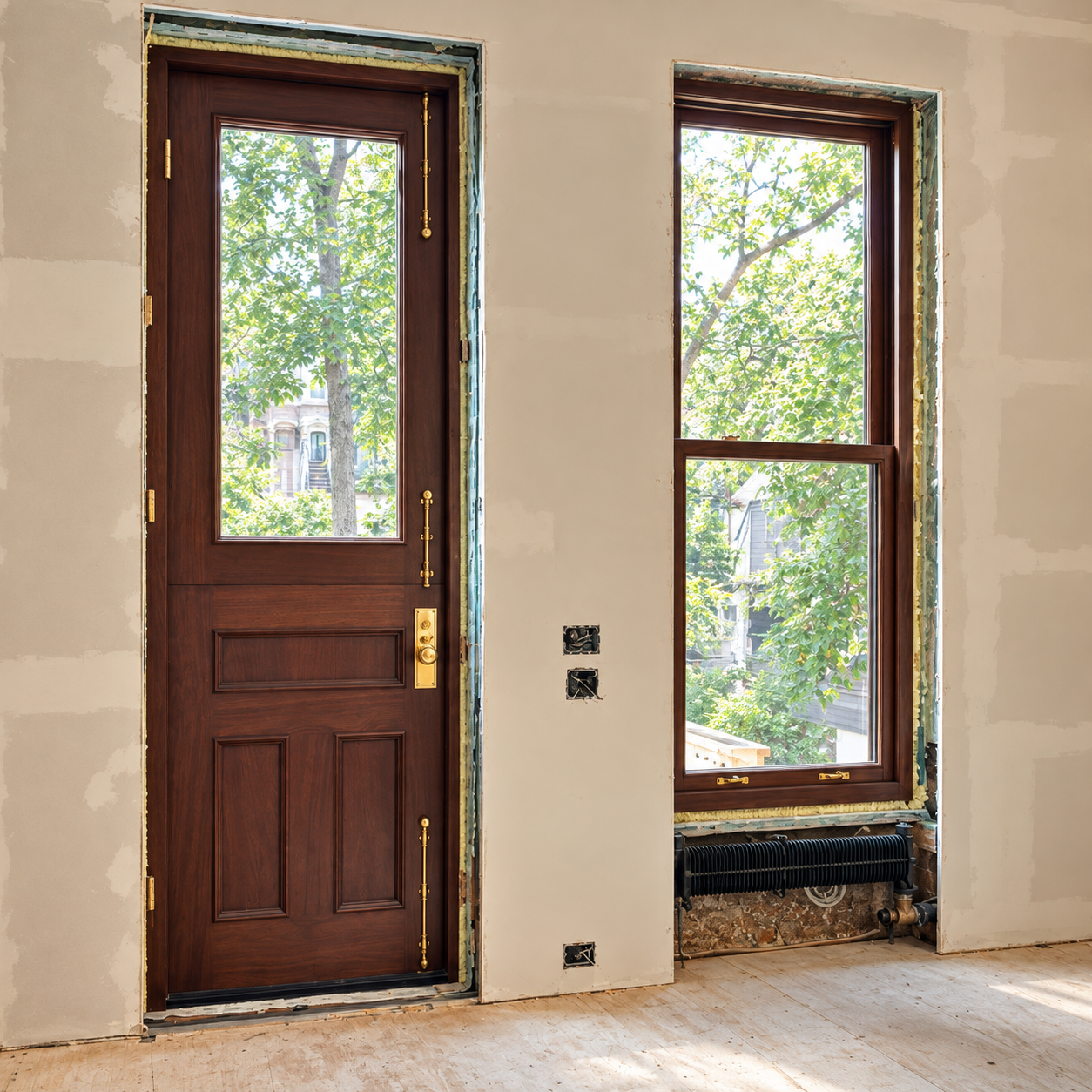 New mahogany door and window with unlacquered brass hardware.